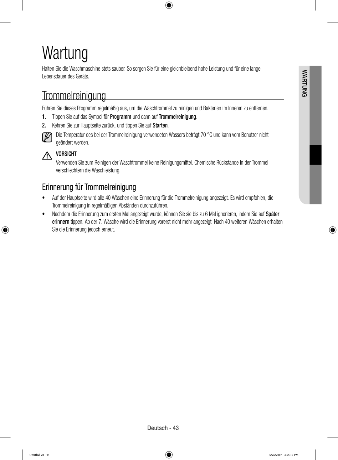 Samsung WW10H9600EW/WS manual Wartung, Erinnerung für Trommelreinigung 