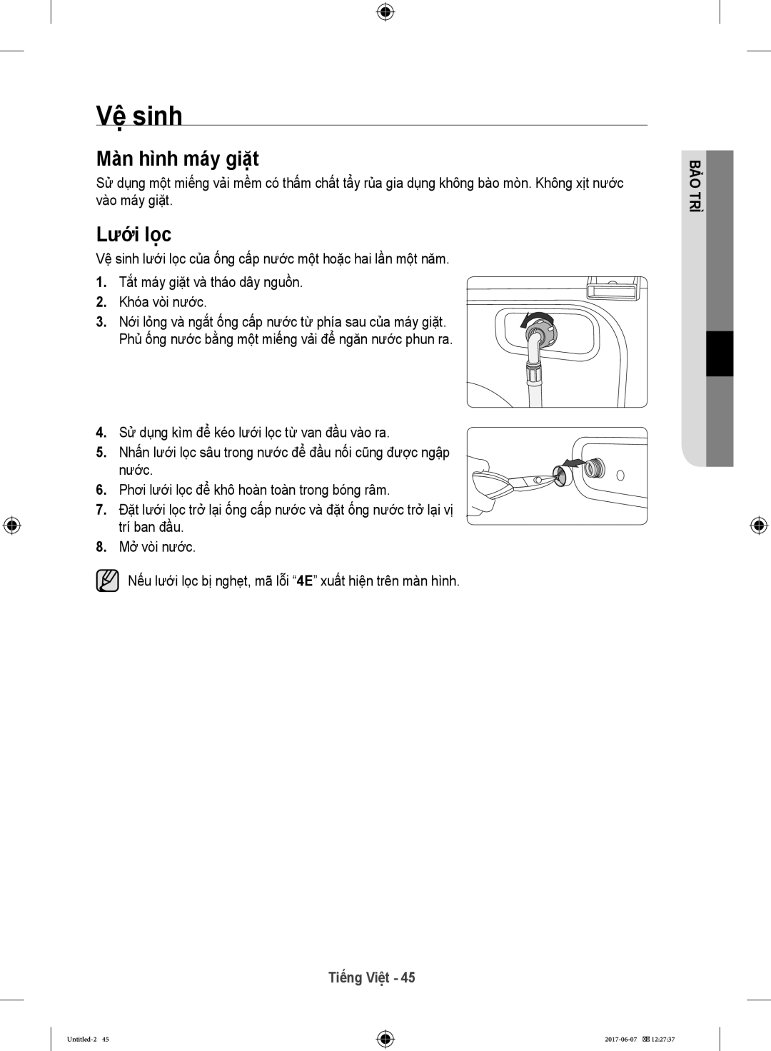 Samsung WW10H9610EW/SV manual Vệ sinh, Màn hình máy giặt, Lưới lọc 