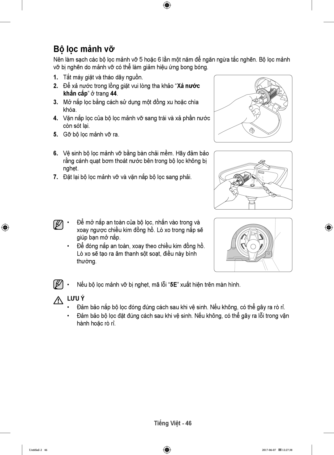 Samsung WW10H9610EW/SV manual Bộ lọc mảnh vỡ 