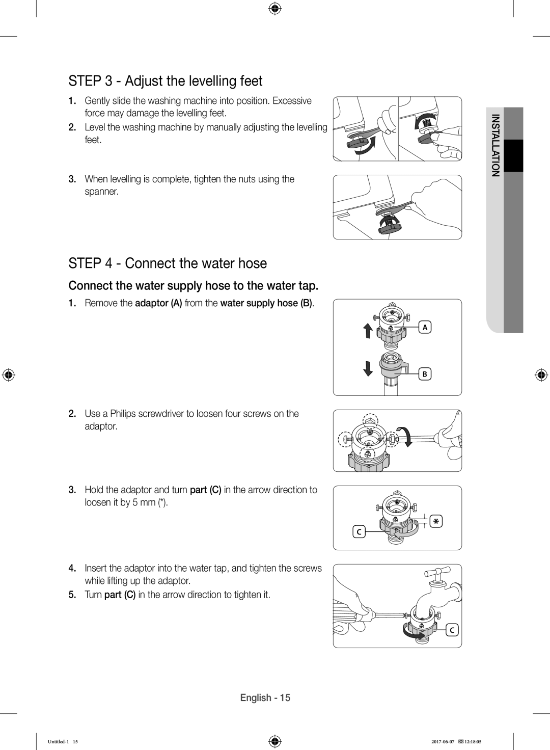 Samsung WW10H9610EW/SV Adjust the levelling feet, Connect the water hose, Connect the water supply hose to the water tap 