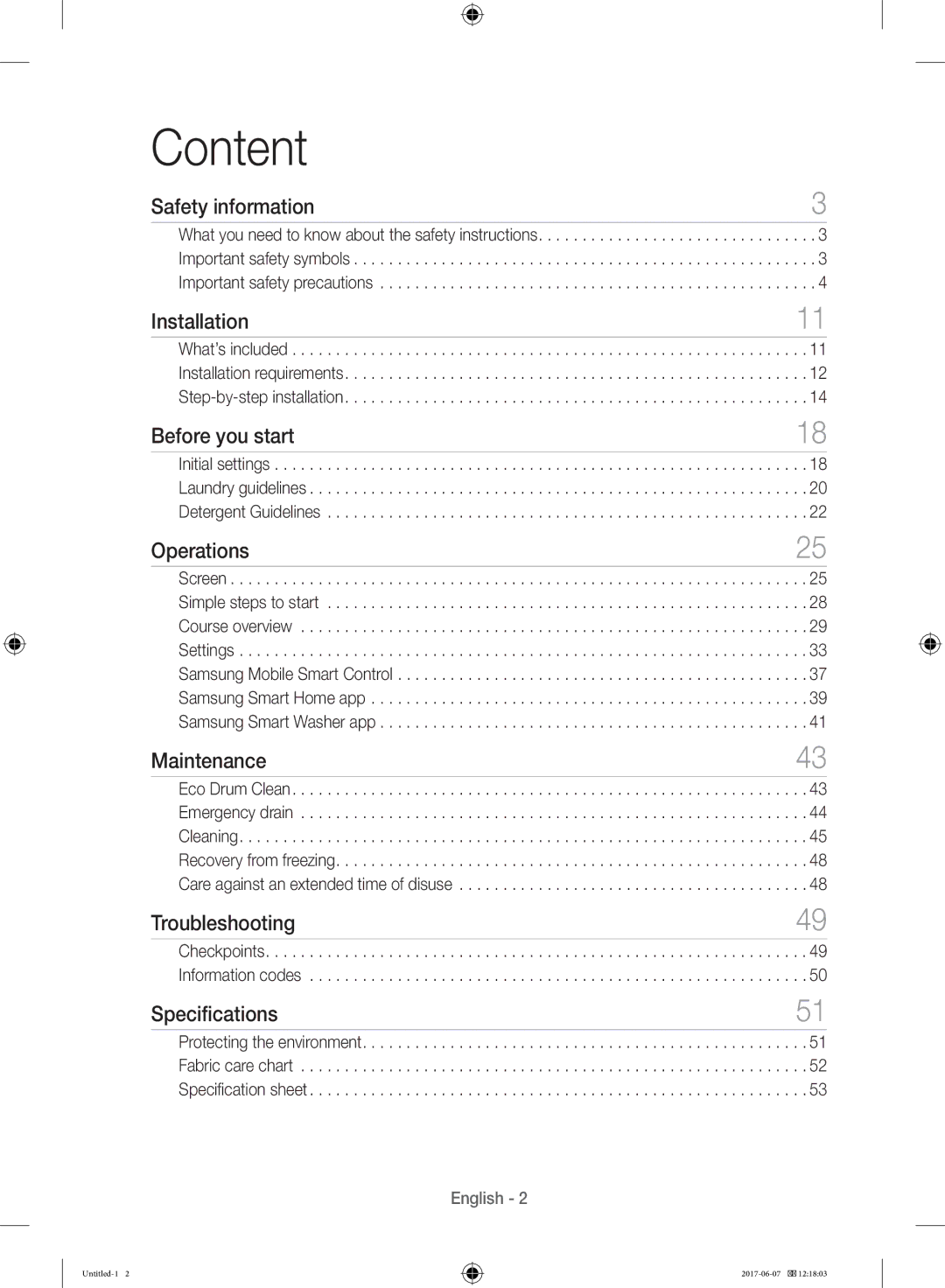 Samsung WW10H9610EW/SV manual Safety information, Installation, Before you start, Operations, Maintenance, Troubleshooting 