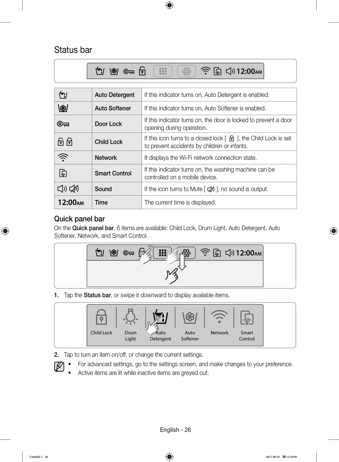 Samsung WW10H9610EW/SV manual Status bar, 1200AM, Quick panel bar 