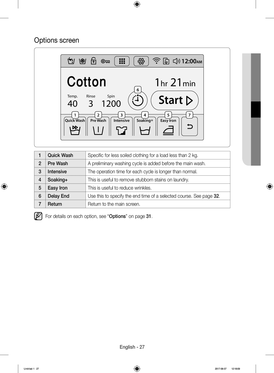 Samsung WW10H9610EW/SV manual 1200, Options screen 