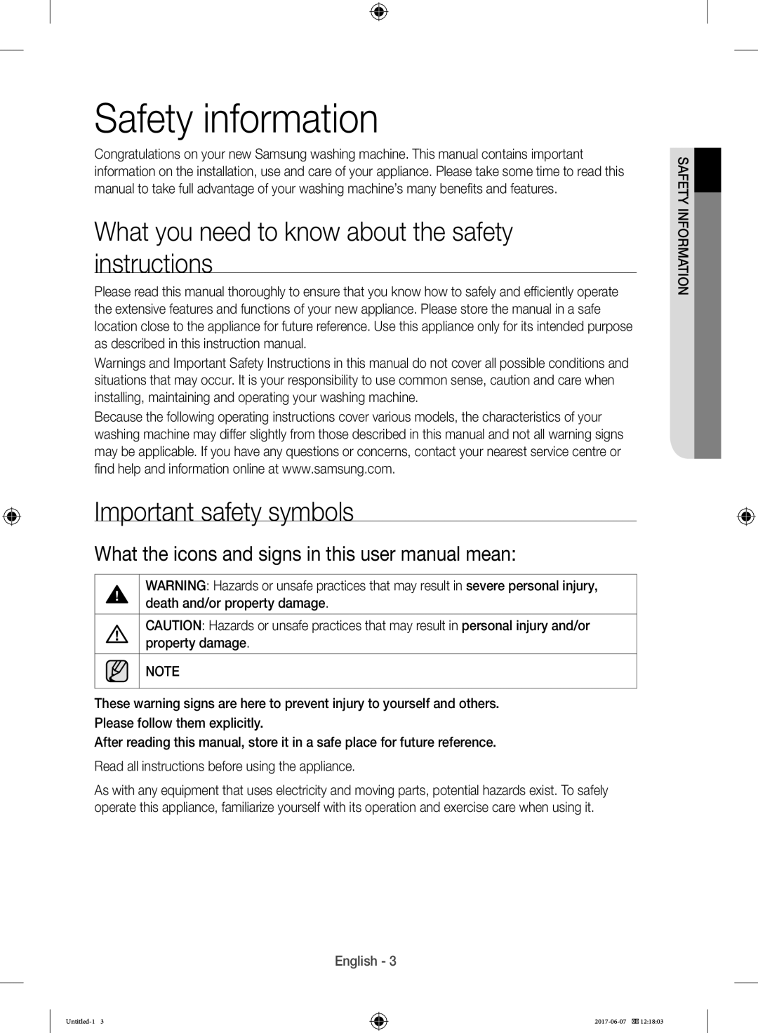 Samsung WW10H9610EW/SV manual Safety information 