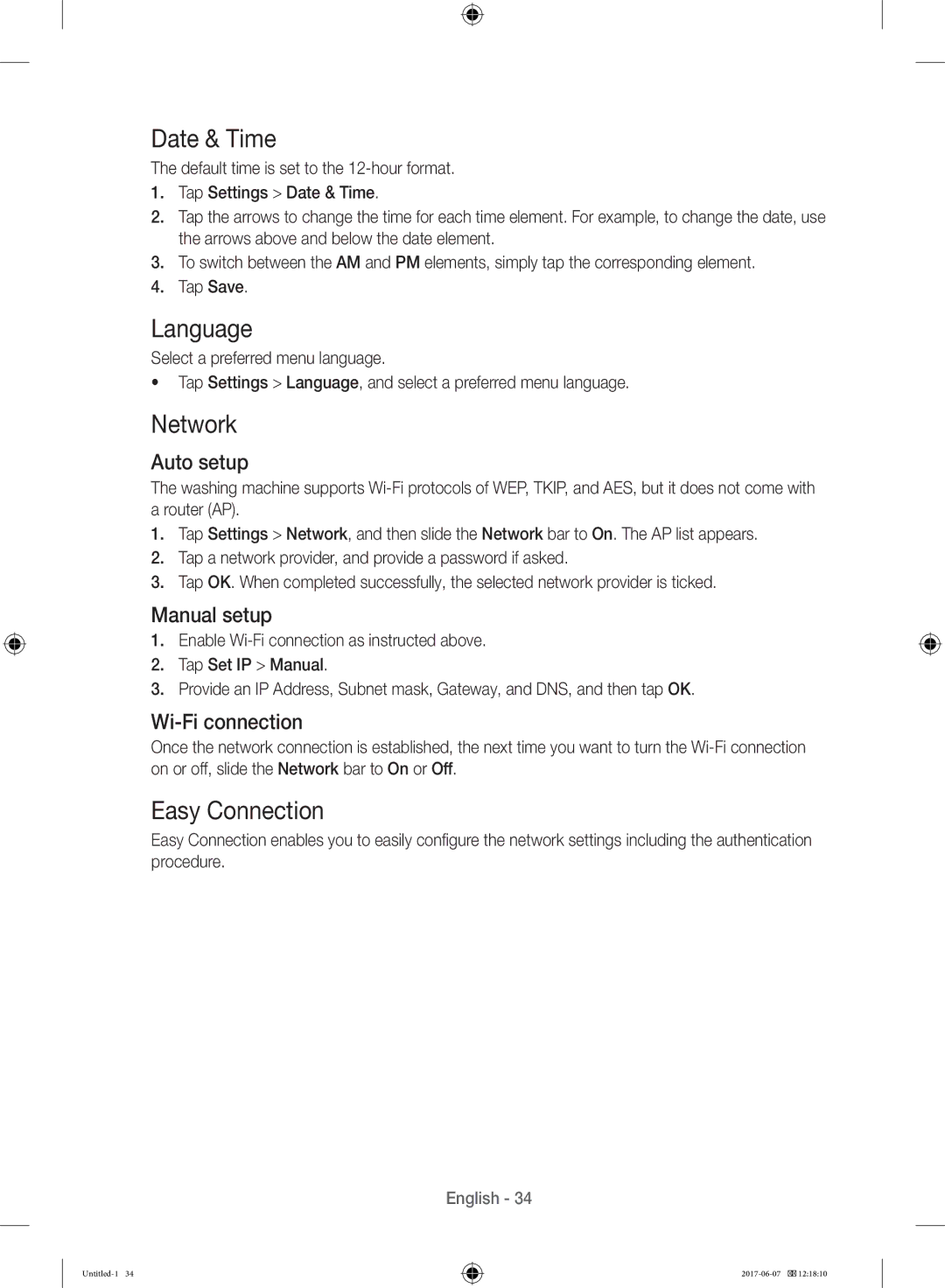 Samsung WW10H9610EW/SV manual Date & Time, Language, Network, Easy Connection 