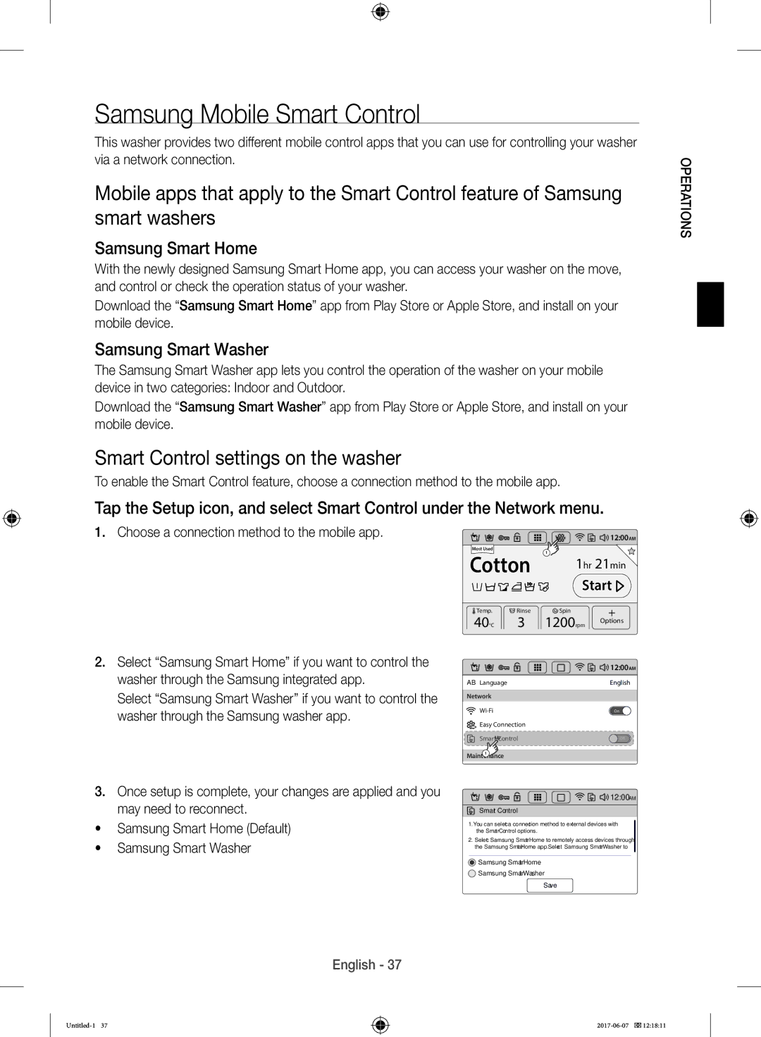 Samsung WW10H9610EW/SV manual Samsung Mobile Smart Control, Smart Control settings on the washer, Samsung Smart Home 