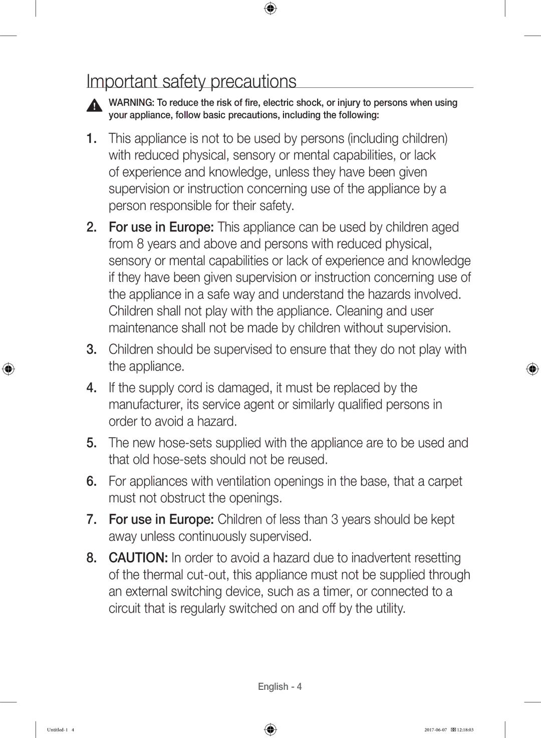 Samsung WW10H9610EW/SV manual Important safety precautions 