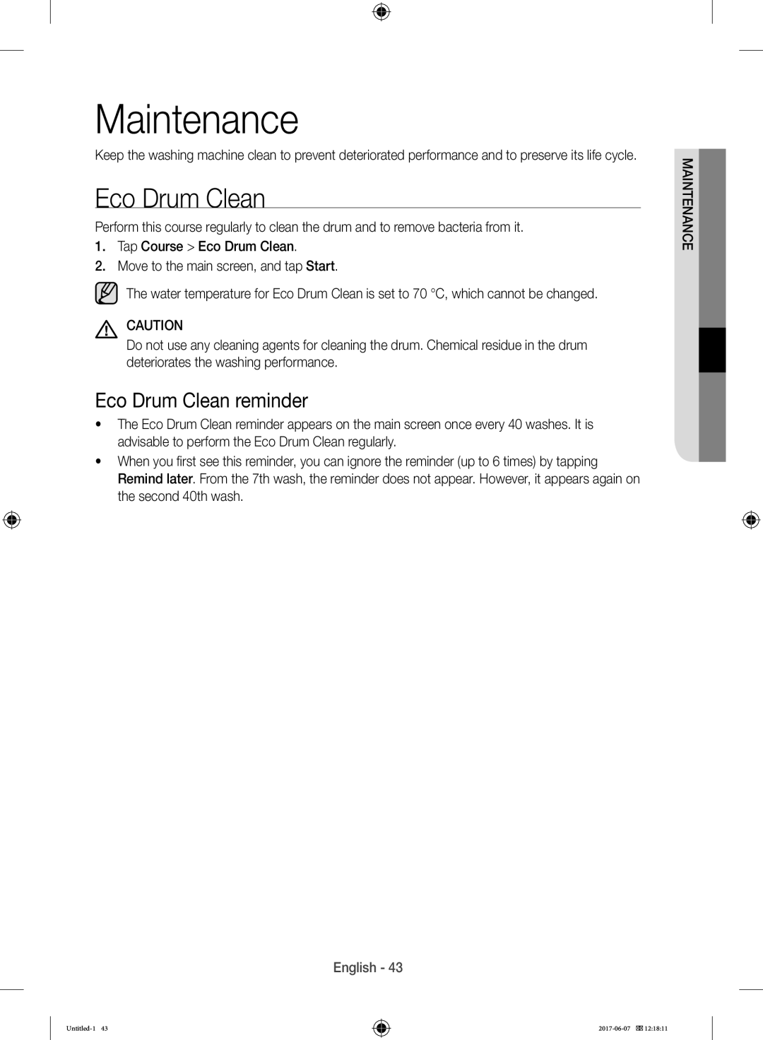 Samsung WW10H9610EW/SV manual Eco Drum Clean reminder 