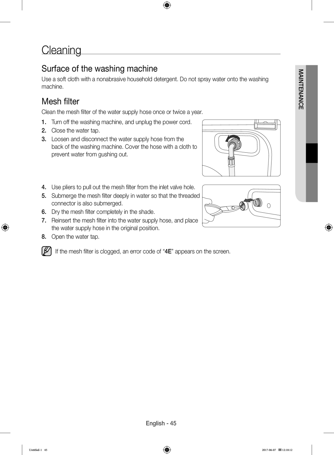 Samsung WW10H9610EW/SV manual Cleaning, Surface of the washing machine, Mesh filter 