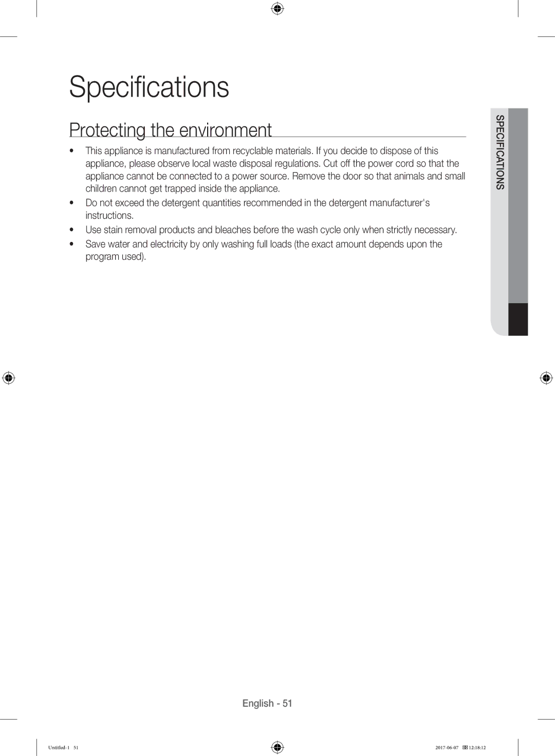 Samsung WW10H9610EW/SV manual Specifications, Protecting the environment 