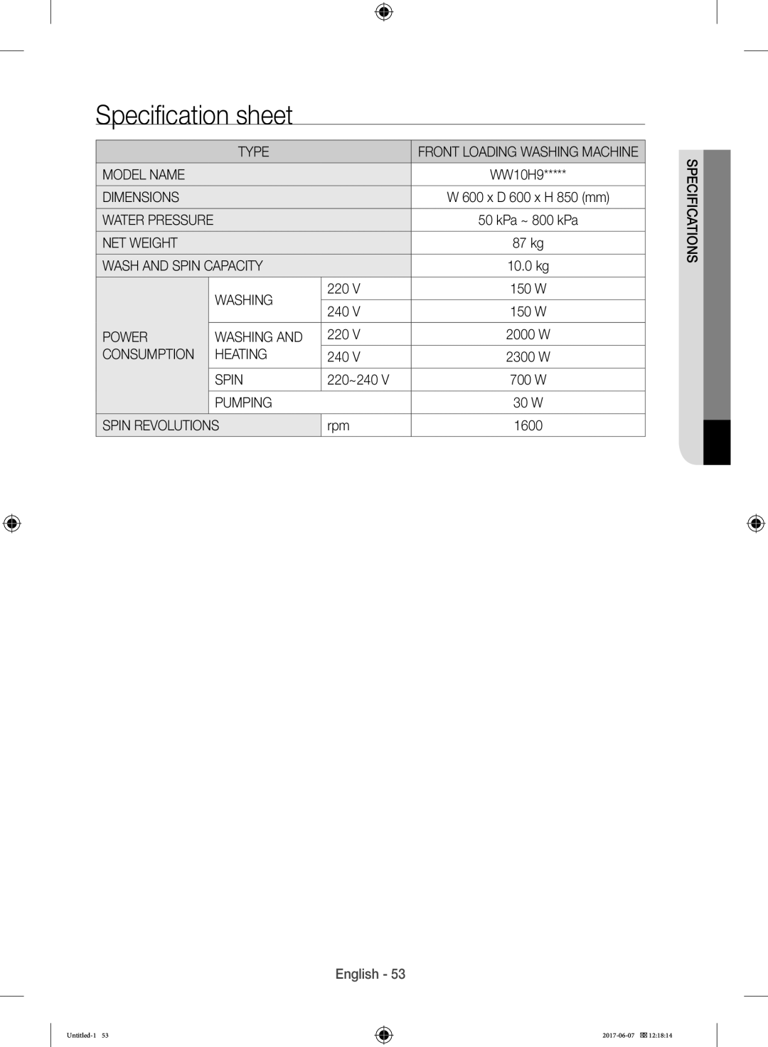 Samsung WW10H9610EW/SV manual Specification sheet 