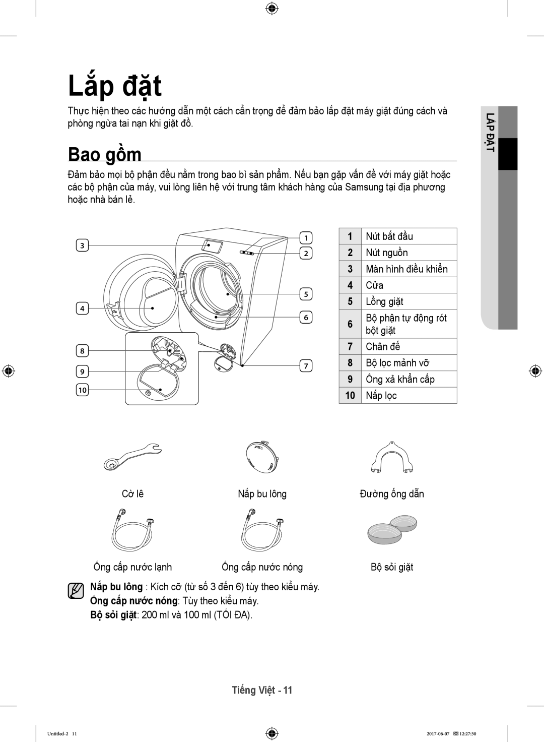 Samsung WW10H9610EW/SV manual Lắp đặt, Bao gồm 