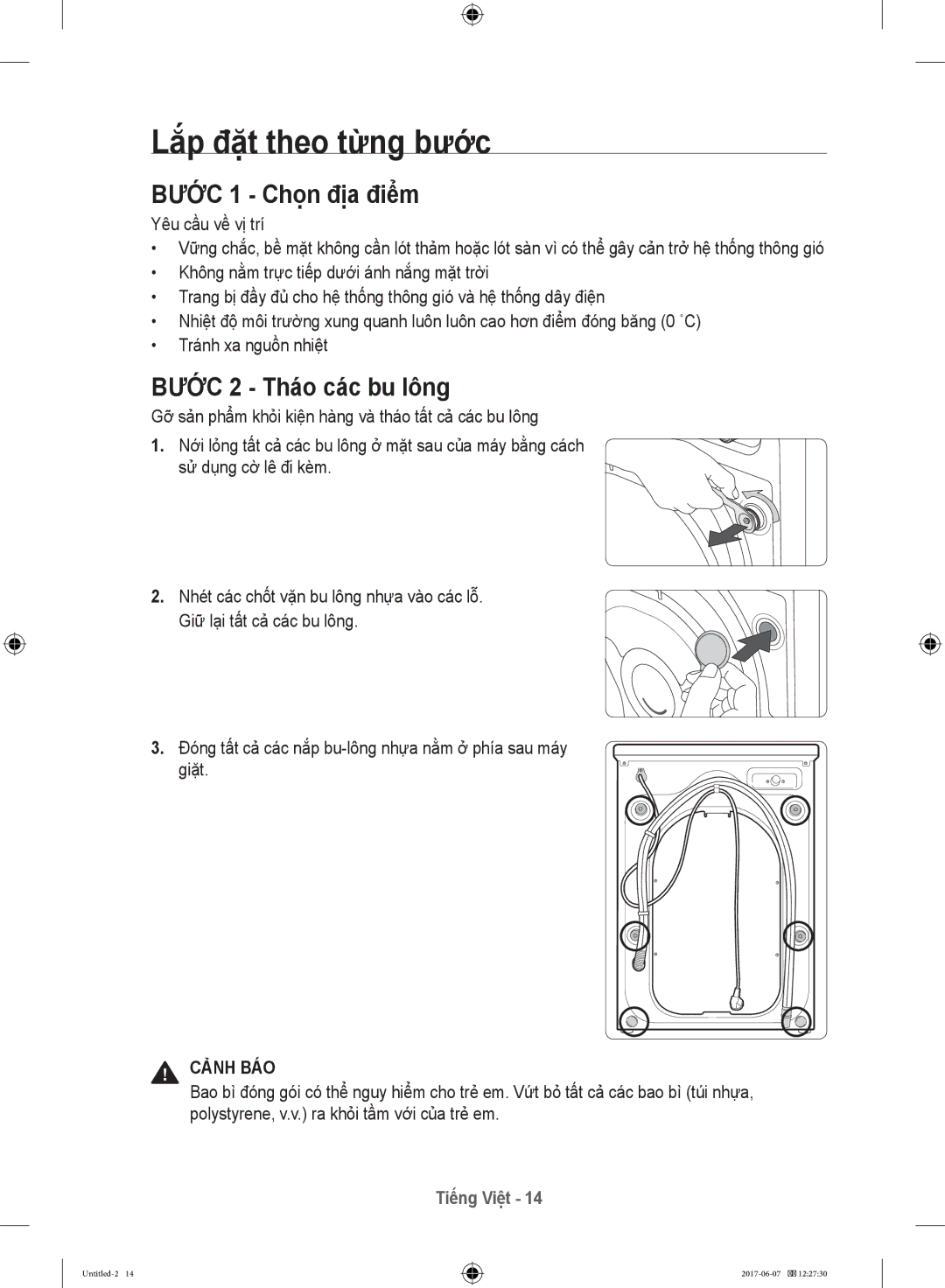 Samsung WW10H9610EW/SV manual Lắp đặt theo từng bước, Bước 1 Chọn địa điểm, Bước 2 Tháo các bu lông 