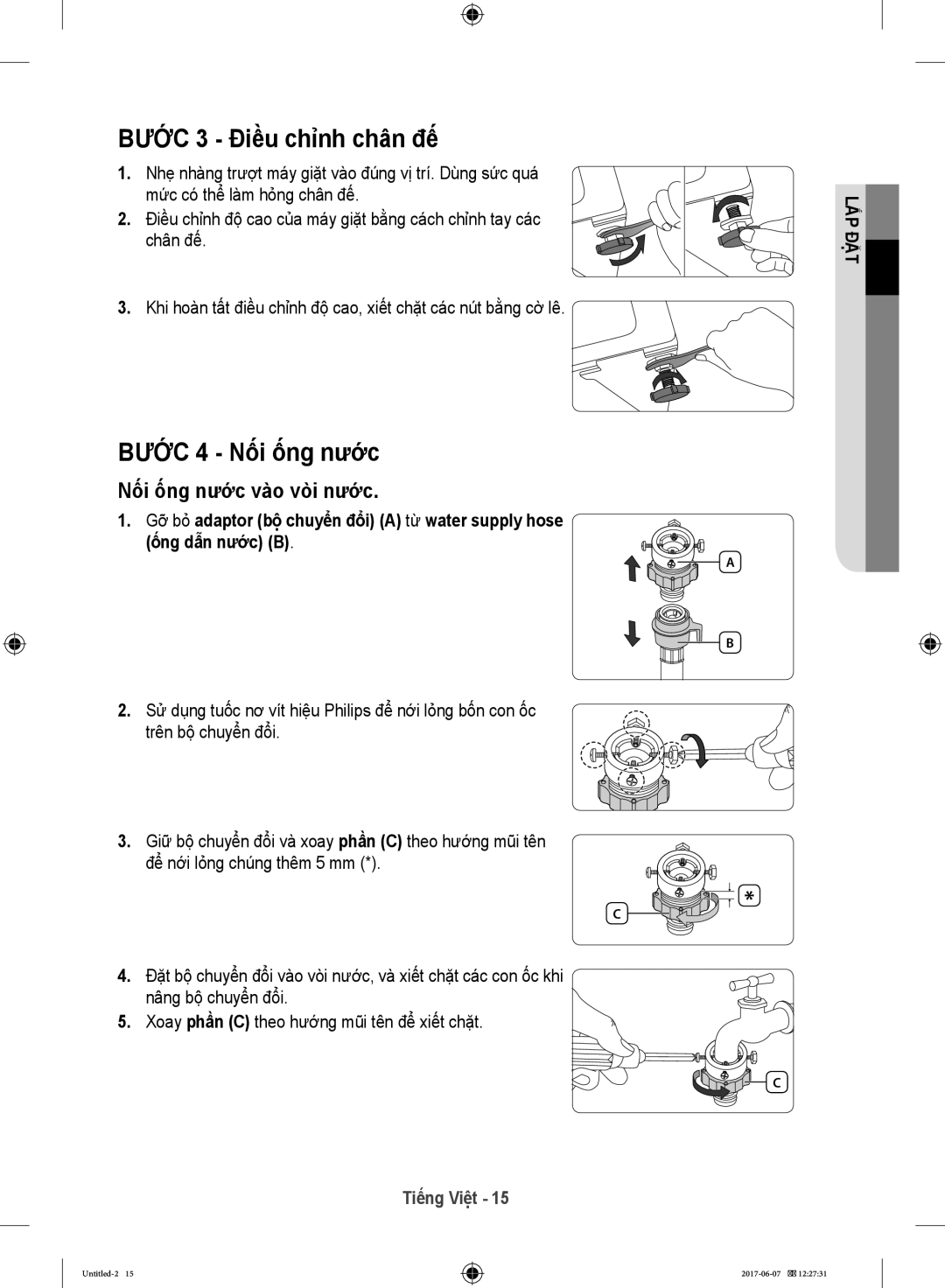 Samsung WW10H9610EW/SV manual Bước 3 Điều chỉnh chân đế, Bước 4 Nối ống nước, Nối ống nước vào vòi nước 