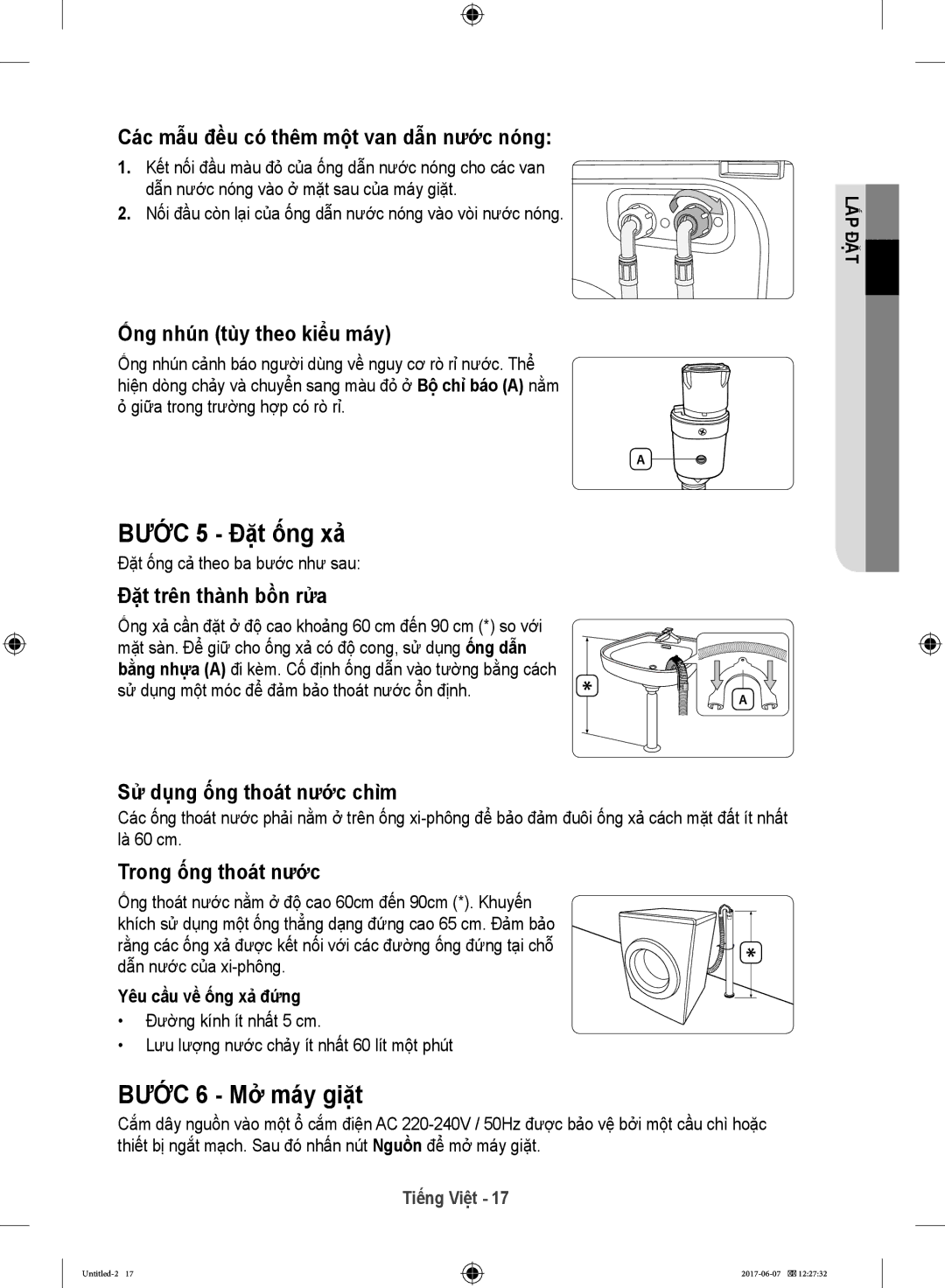 Samsung WW10H9610EW/SV manual Bước 5 Đặt ống xả, Bước 6 Mở máy giặt 