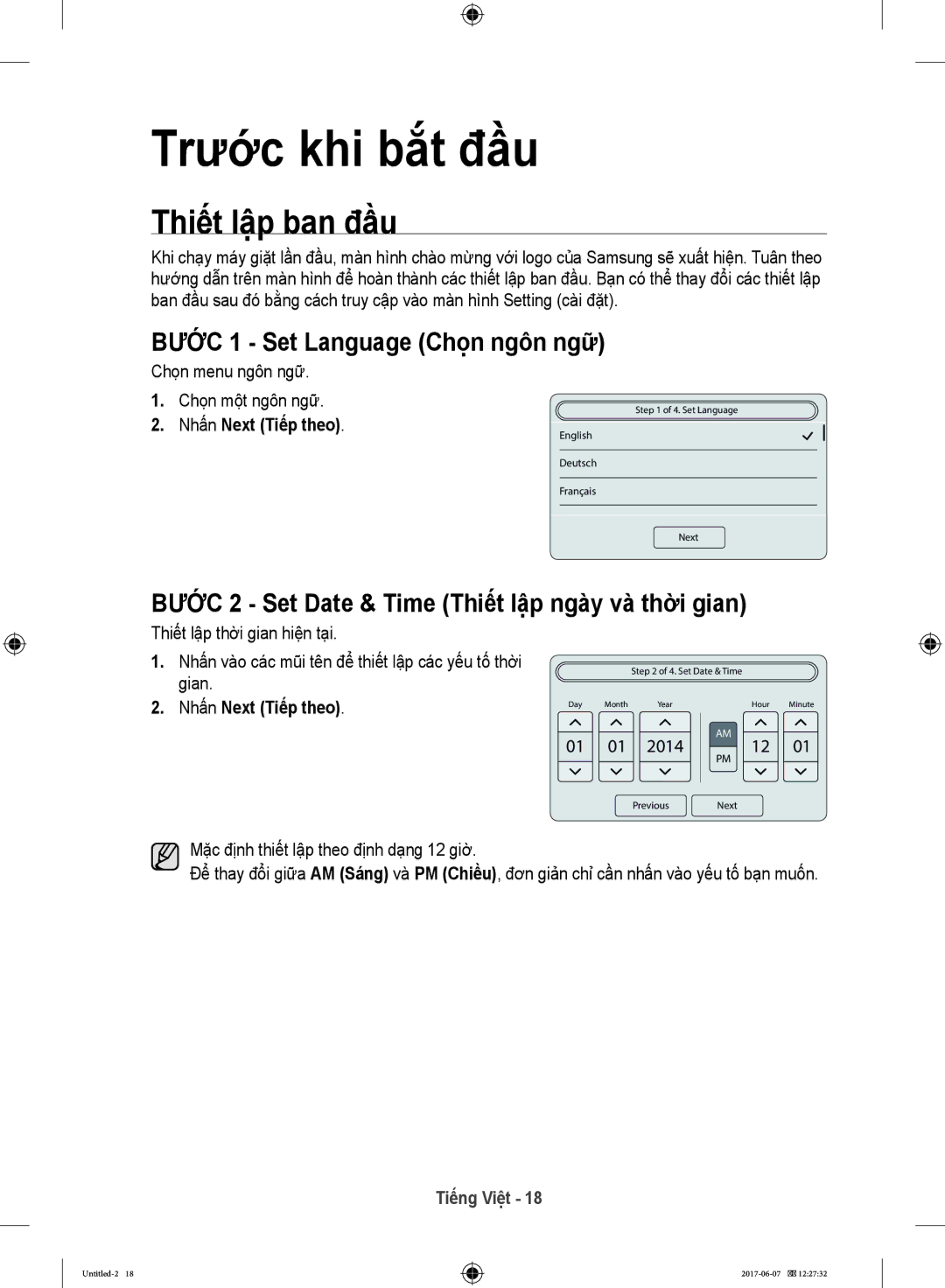 Samsung WW10H9610EW/SV manual Thiết lập ban đầu, Bước 1 Set Language Chọn ngôn ngữ, Nhấn Next Tiếp theo 