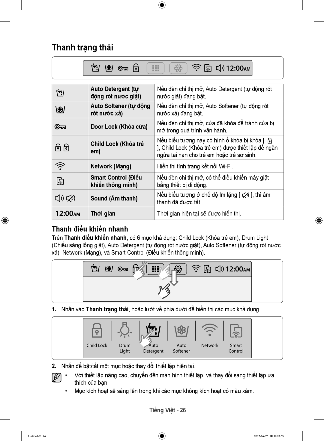 Samsung WW10H9610EW/SV manual Thanh trạng thái, Thanh điều khiển nhanh 