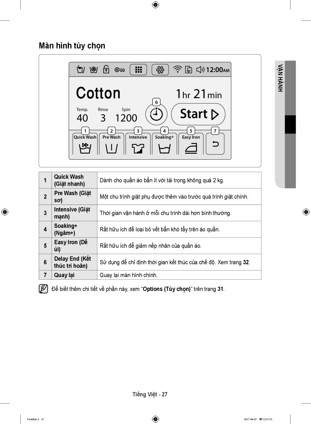 Samsung WW10H9610EW/SV manual Màn hình tùy chọn, Thúc trì hoãn, Quay lại Quay lại màn hình chính 