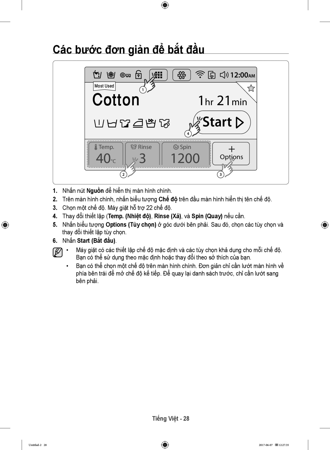 Samsung WW10H9610EW/SV manual Các bước đơn giản để bắt đầu, Nhấn Start Bắt đầu 