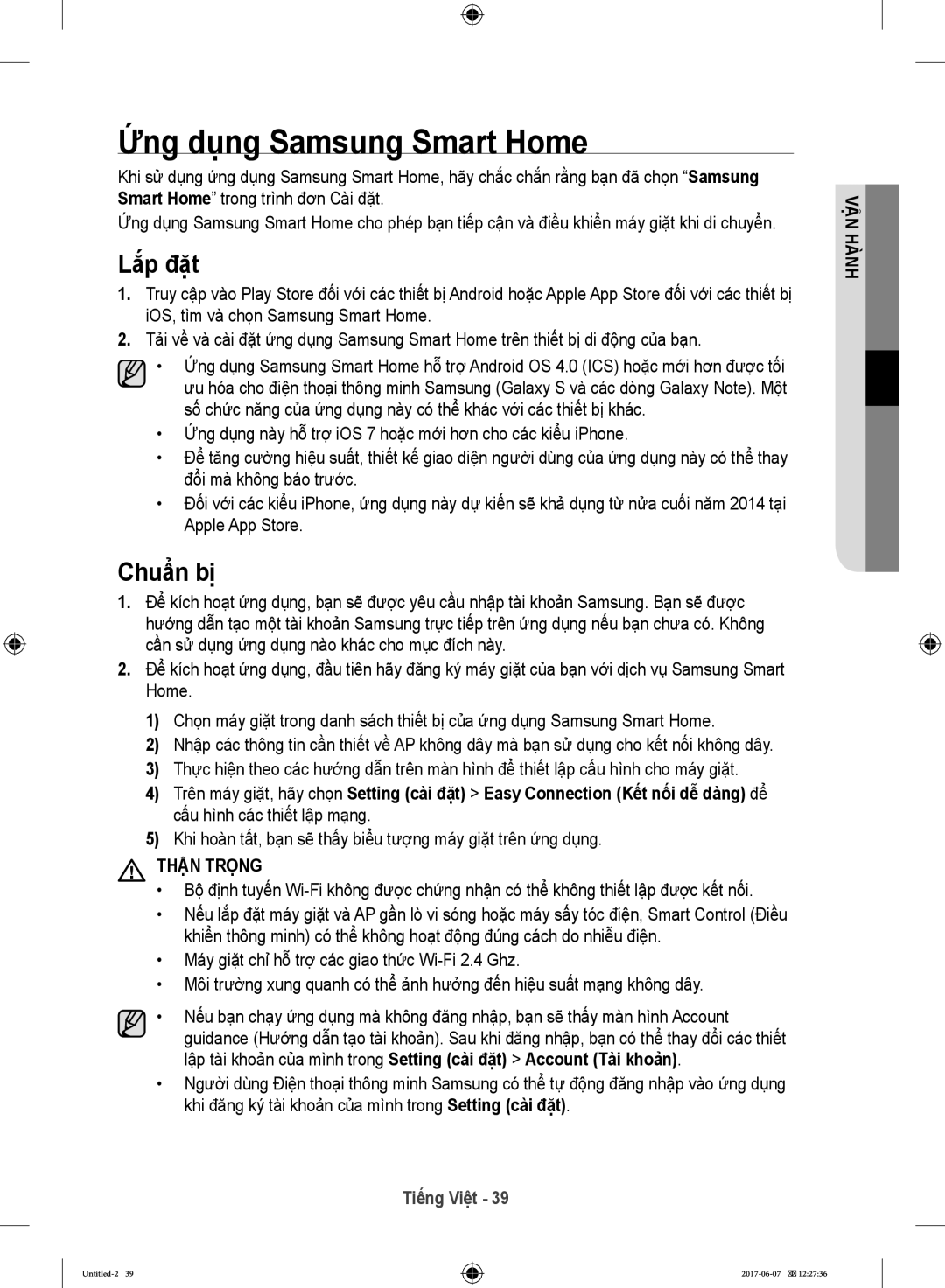 Samsung WW10H9610EW/SV manual Ứng dụng Samsung Smart Home, Lắp đặt, Chuẩn bị 