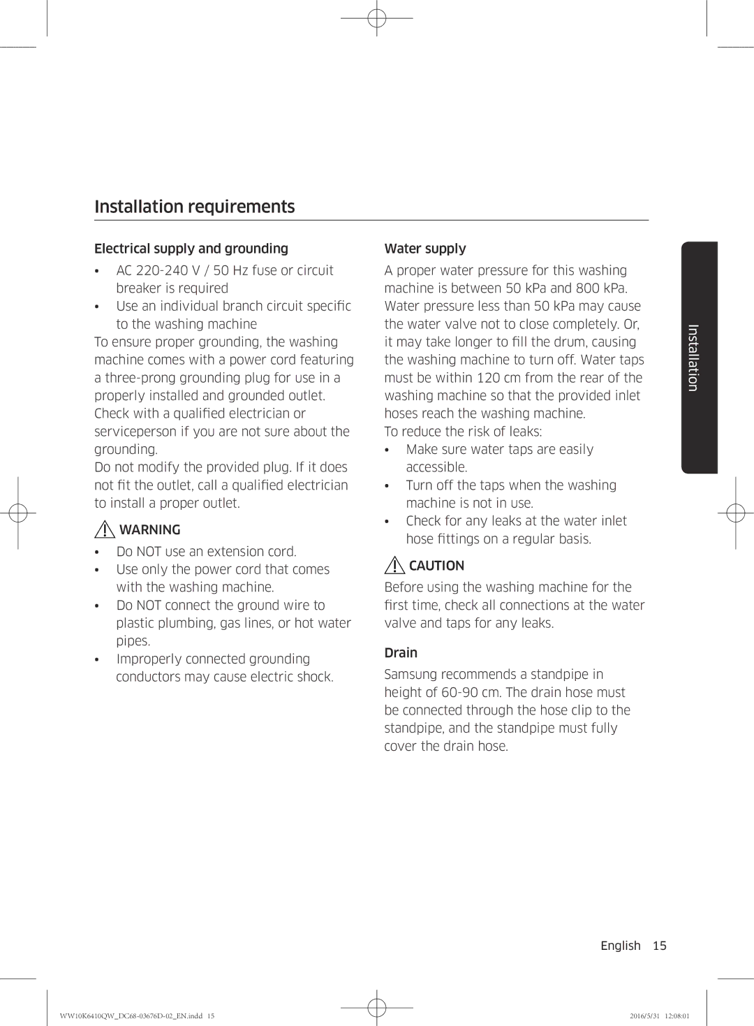 Samsung WW90K6410QW/SV, WW10K6410QX/SV manual Installation requirements 