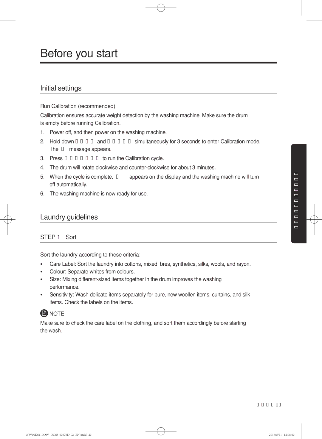 Samsung WW90K6410QW/SV, WW10K6410QX/SV manual Before you start, Initial settings, Laundry guidelines 