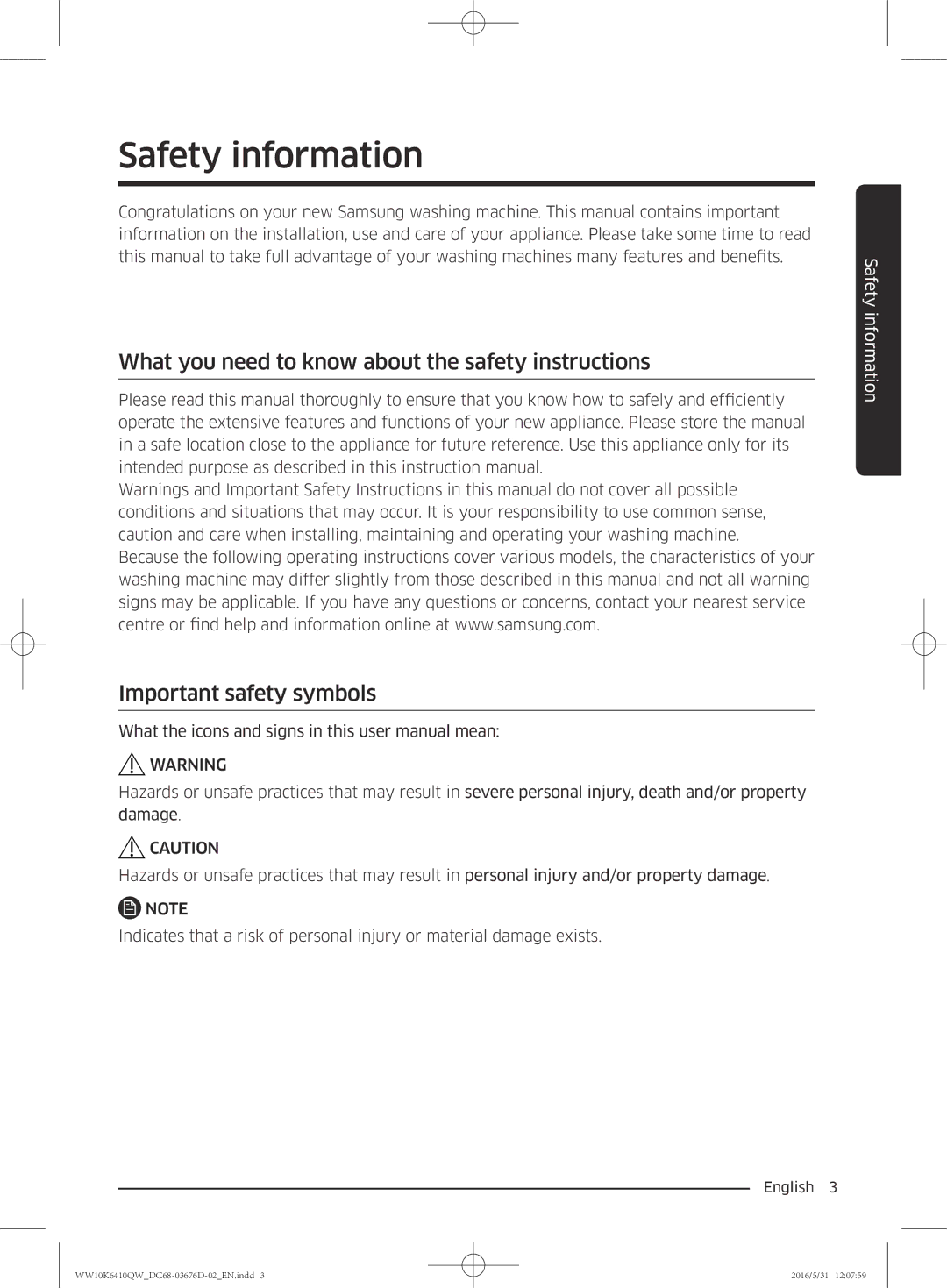 Samsung WW90K6410QW/SV, WW10K6410QX/SV manual Safety information 