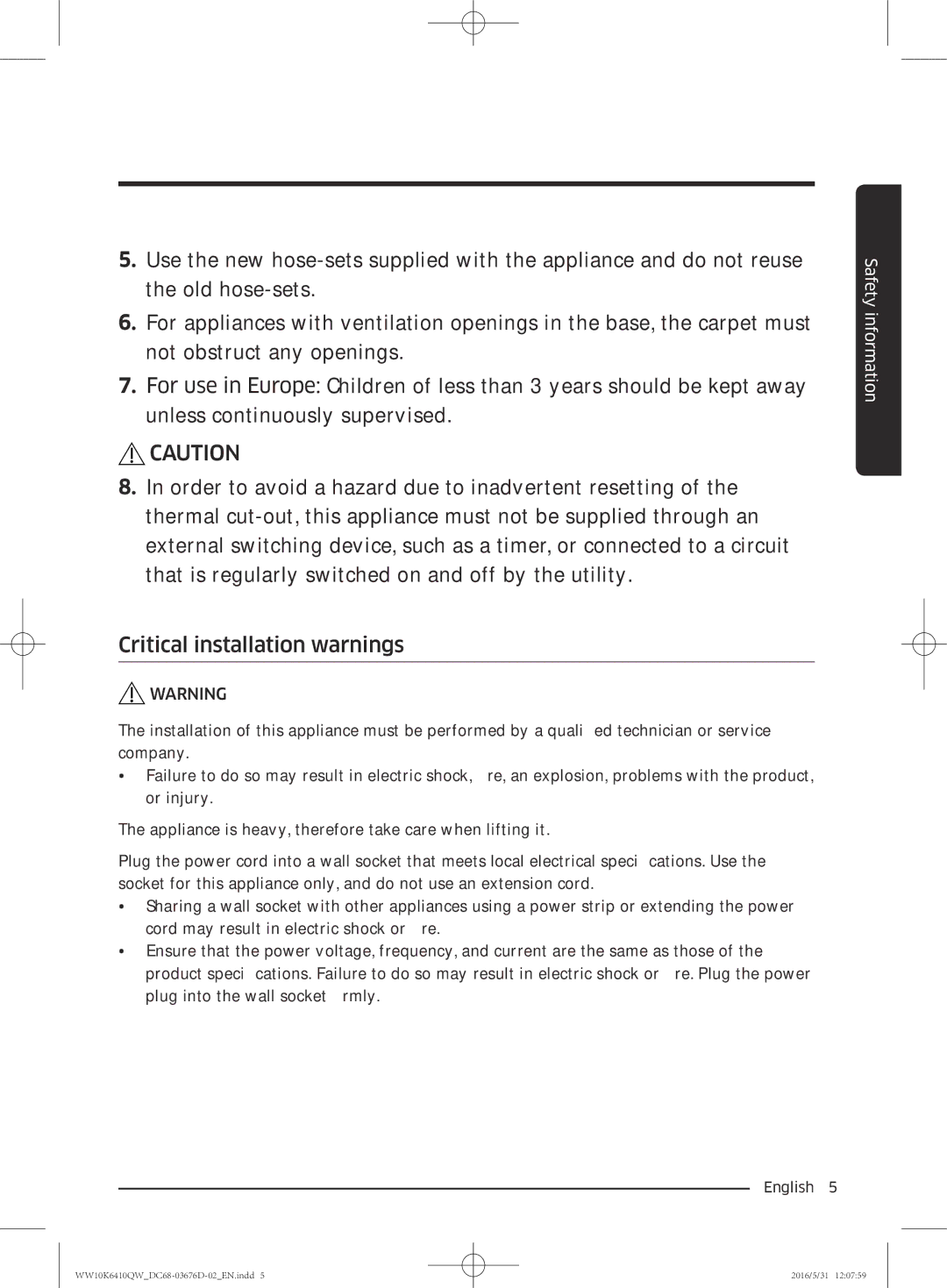 Samsung WW90K6410QW/SV, WW10K6410QX/SV manual Safety information 