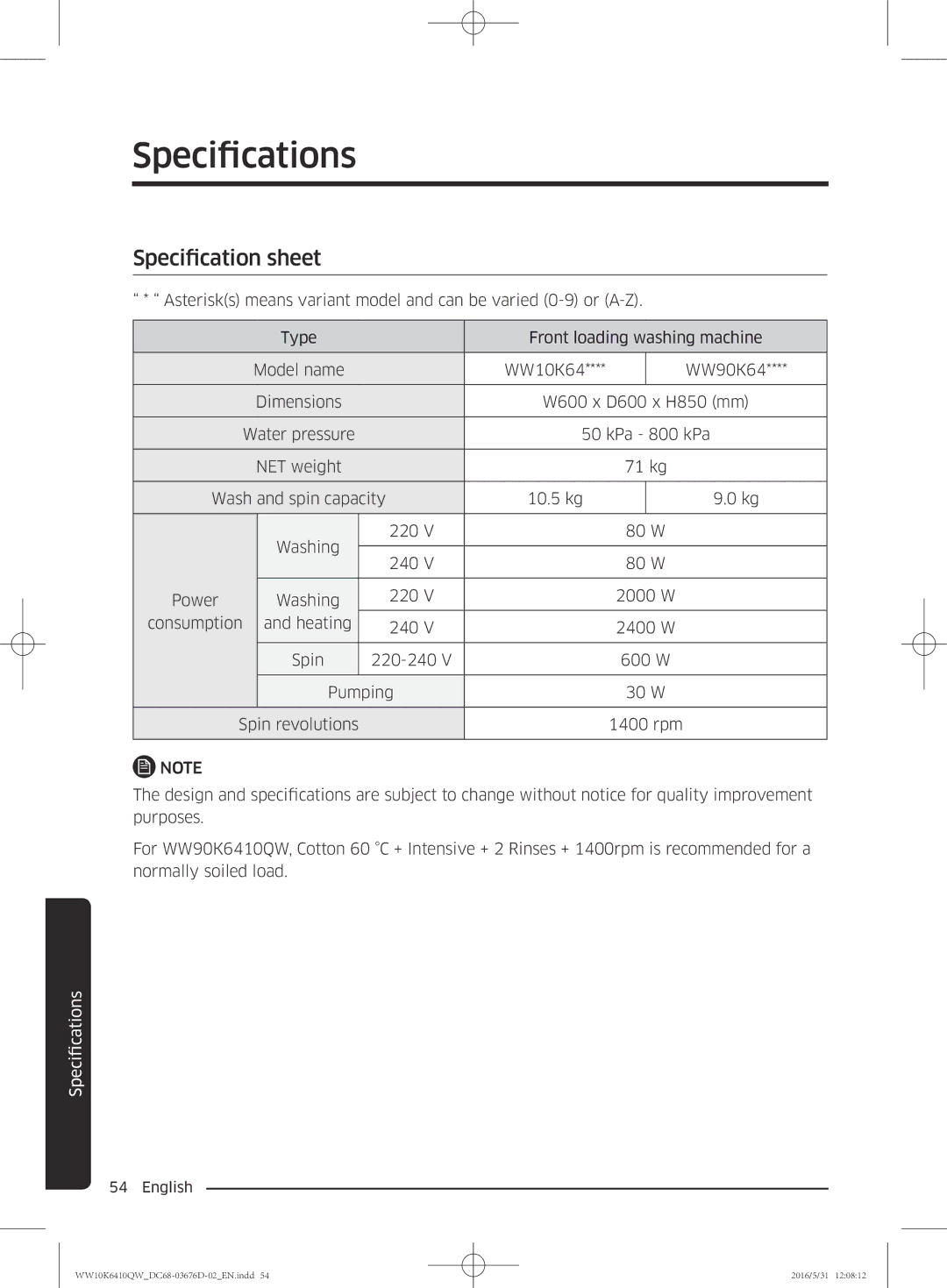 Samsung WW10K6410QX/SV, WW90K6410QW/SV manual Specifications, Specification sheet 