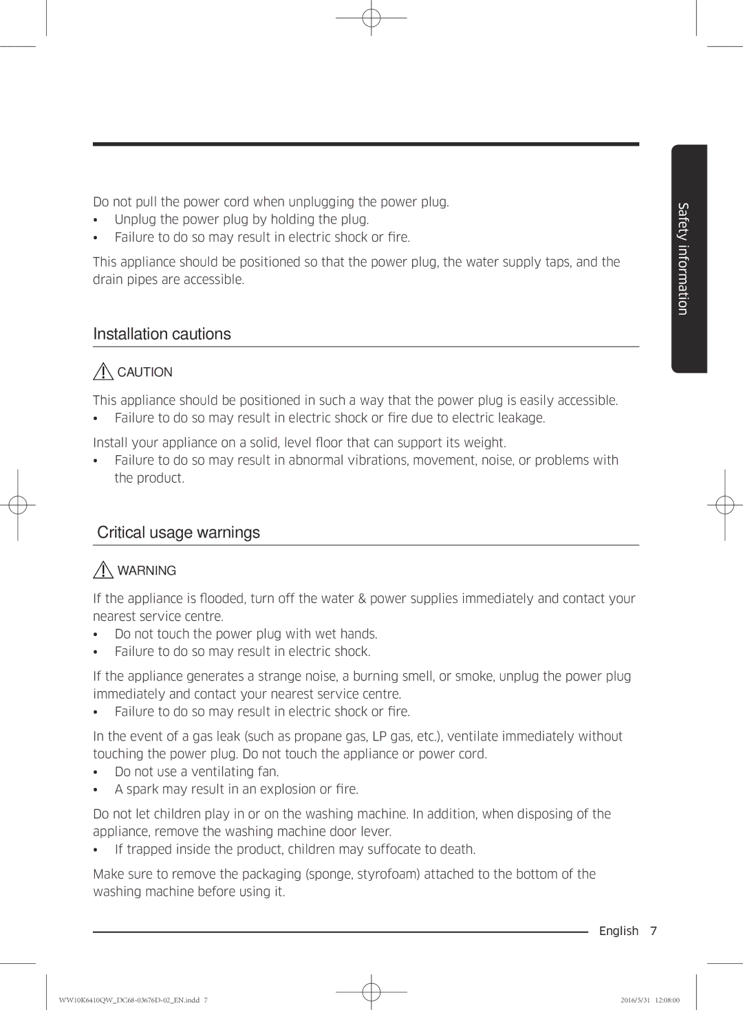 Samsung WW90K6410QW/SV, WW10K6410QX/SV manual Installation cautions, Critical usage warnings 