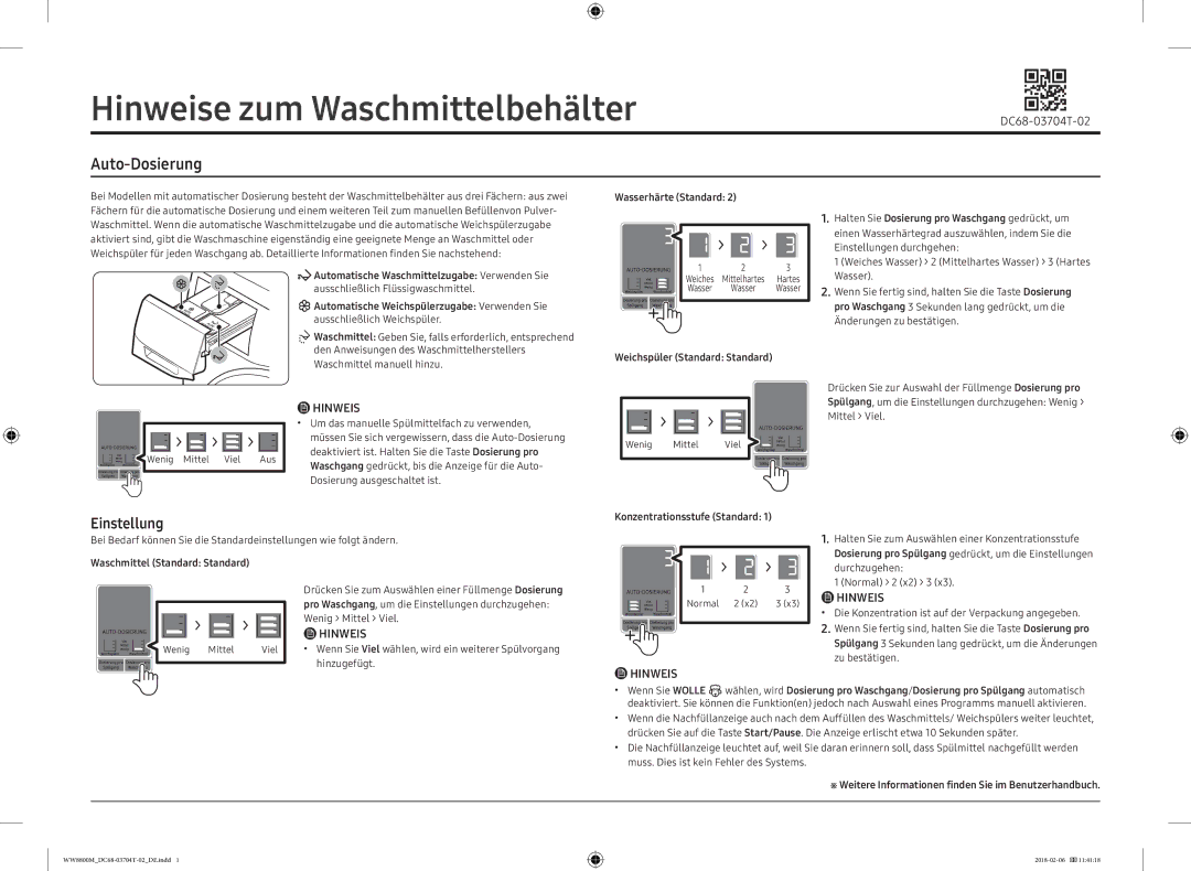 Samsung WW10M86BQOA/EG manual Auto-Dosierung, Einstellung, Hinweis 