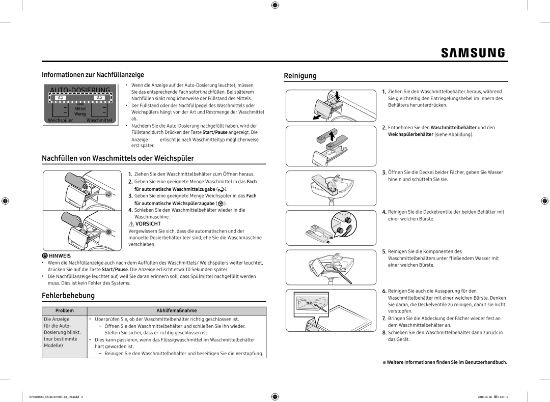 Samsung WW10M86BQOA/EG manual Nachfüllen von Waschmittels oder Weichspüler, Fehlerbehebung, Reinigung, Vorsicht 