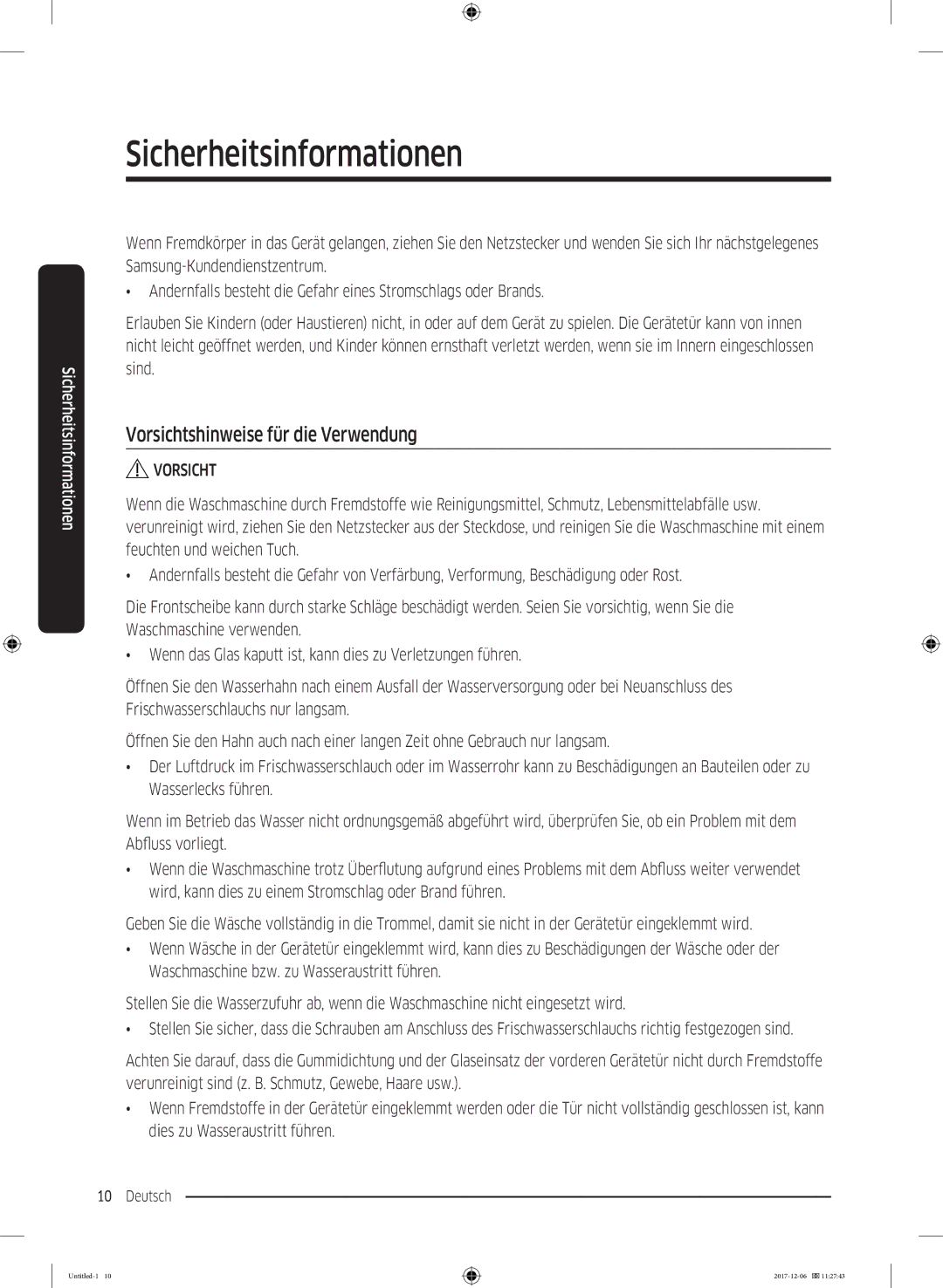 Samsung WW10M86BQOA/EG manual Vorsichtshinweise für die Verwendung 