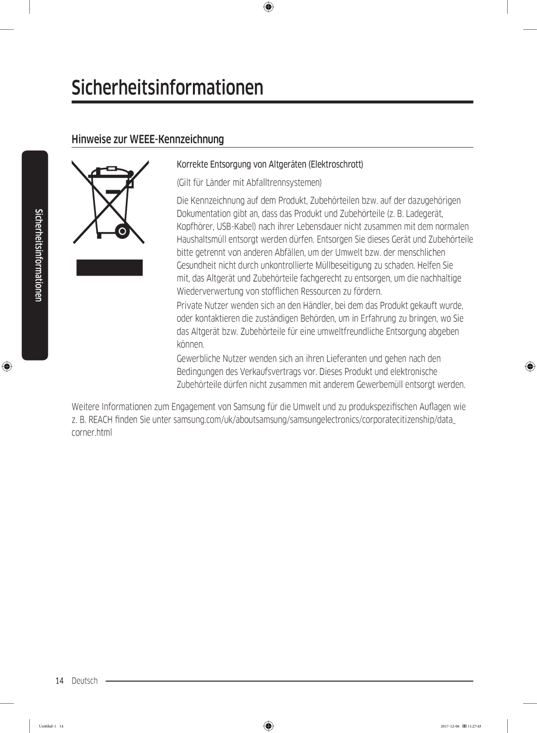 Samsung WW10M86BQOA/EG manual Hinweise zur WEEE-Kennzeichnung 