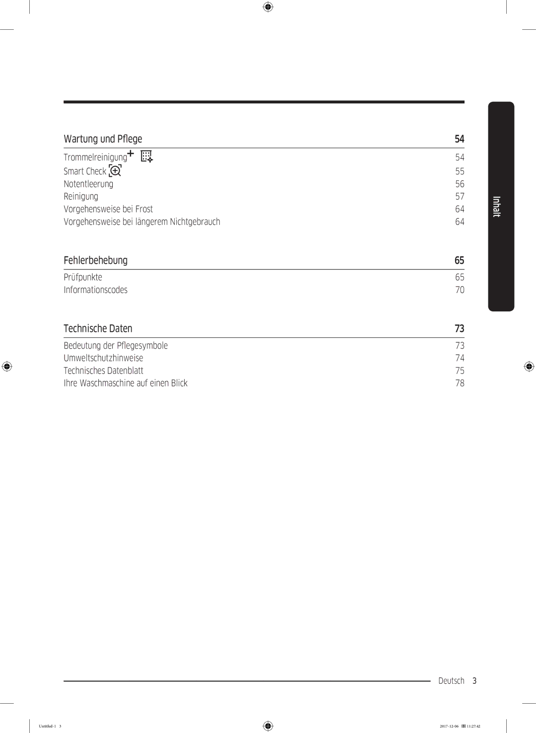 Samsung WW10M86BQOA/EG manual Wartung und Pflege, Fehlerbehebung, Technische Daten 