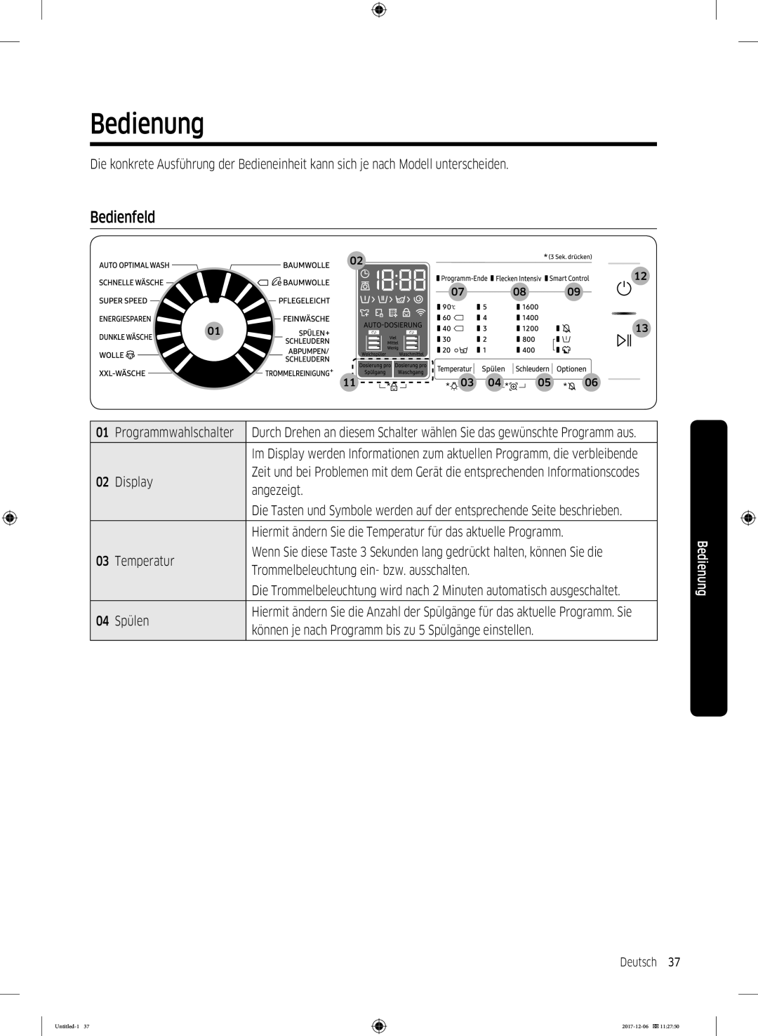 Samsung WW10M86BQOA/EG manual Bedienung, Bedienfeld 