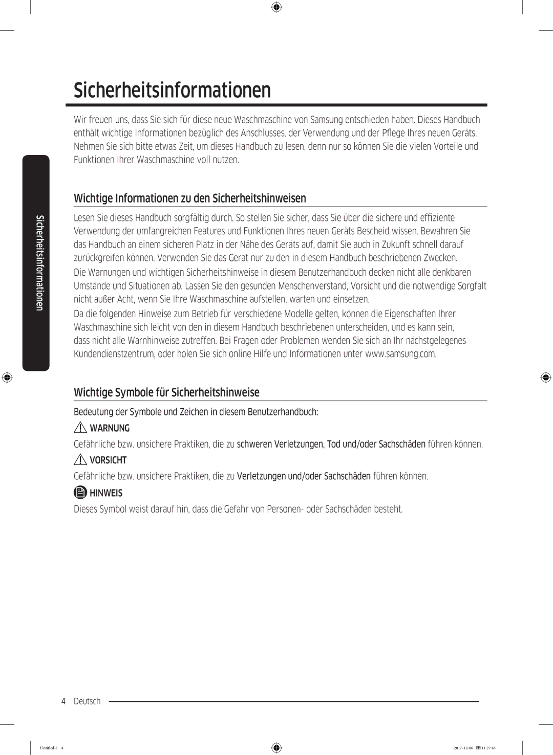 Samsung WW10M86BQOA/EG manual Sicherheitsinformationen, Wichtige Informationen zu den Sicherheitshinweisen 