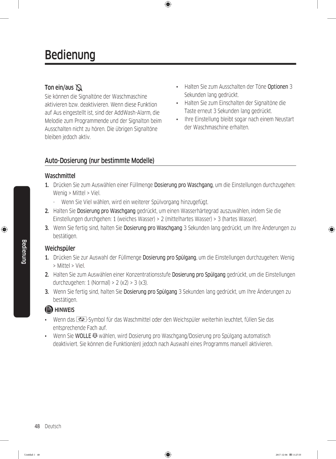 Samsung WW10M86BQOA/EG manual Auto-Dosierung nur bestimmte Modelle, Ton ein/aus, Waschmittel, Weichspüler 