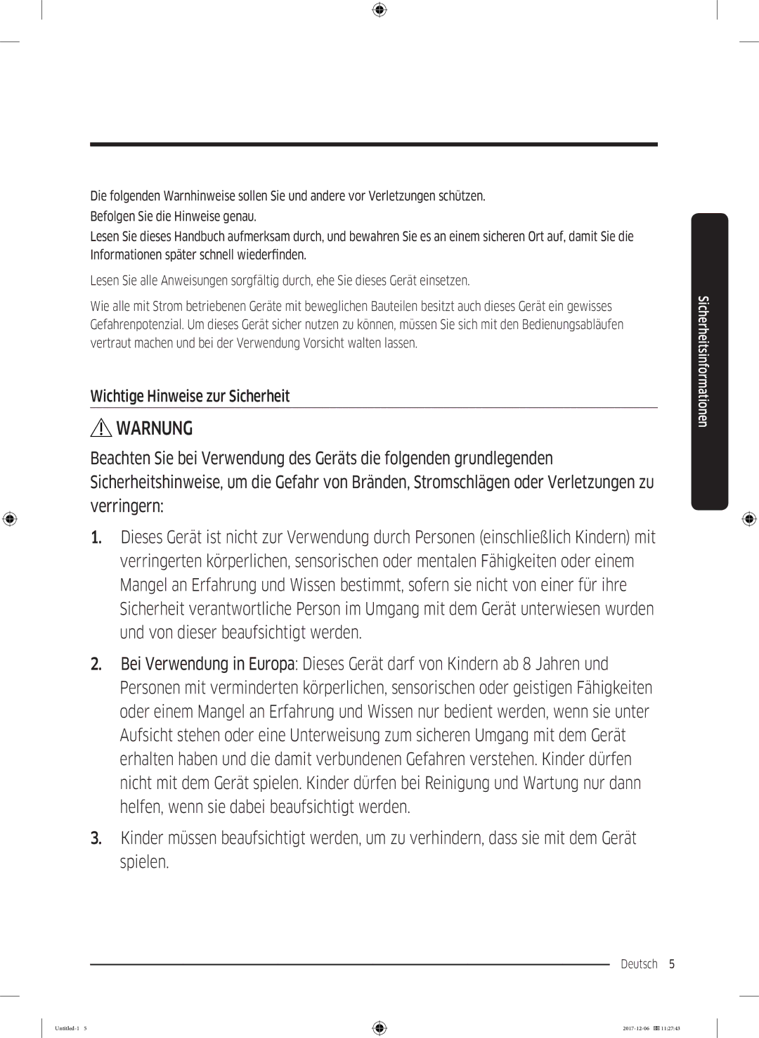 Samsung WW10M86BQOA/EG manual Warnung, Wichtige Hinweise zur Sicherheit 