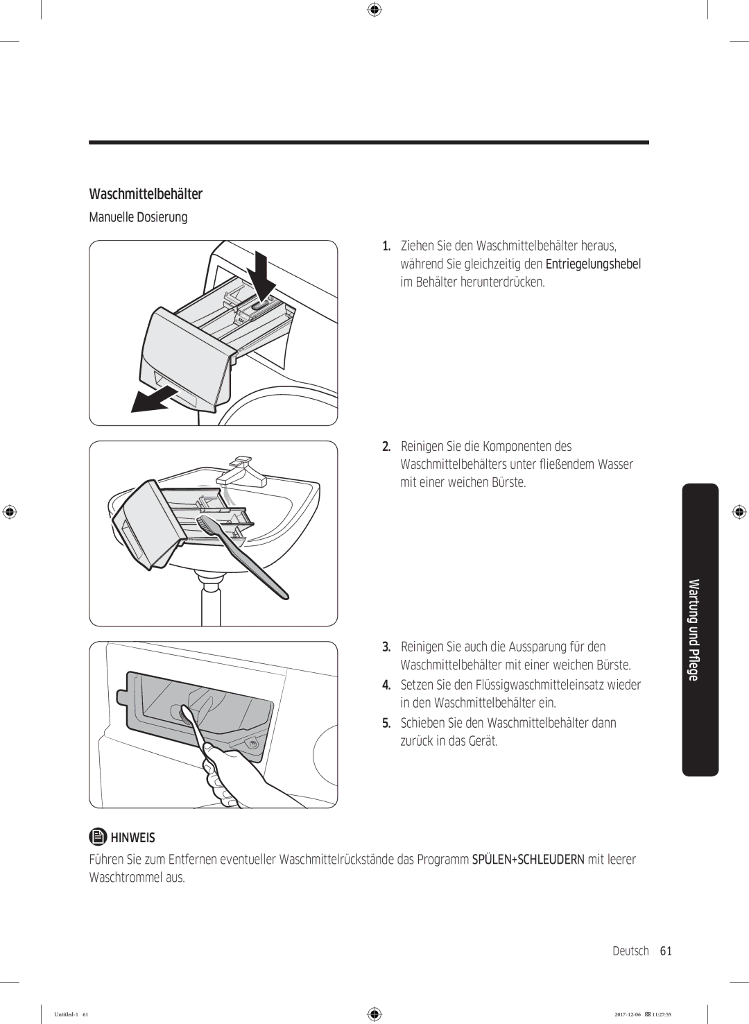 Samsung WW10M86BQOA/EG manual Waschmittelbehälter, Manuelle Dosierung 