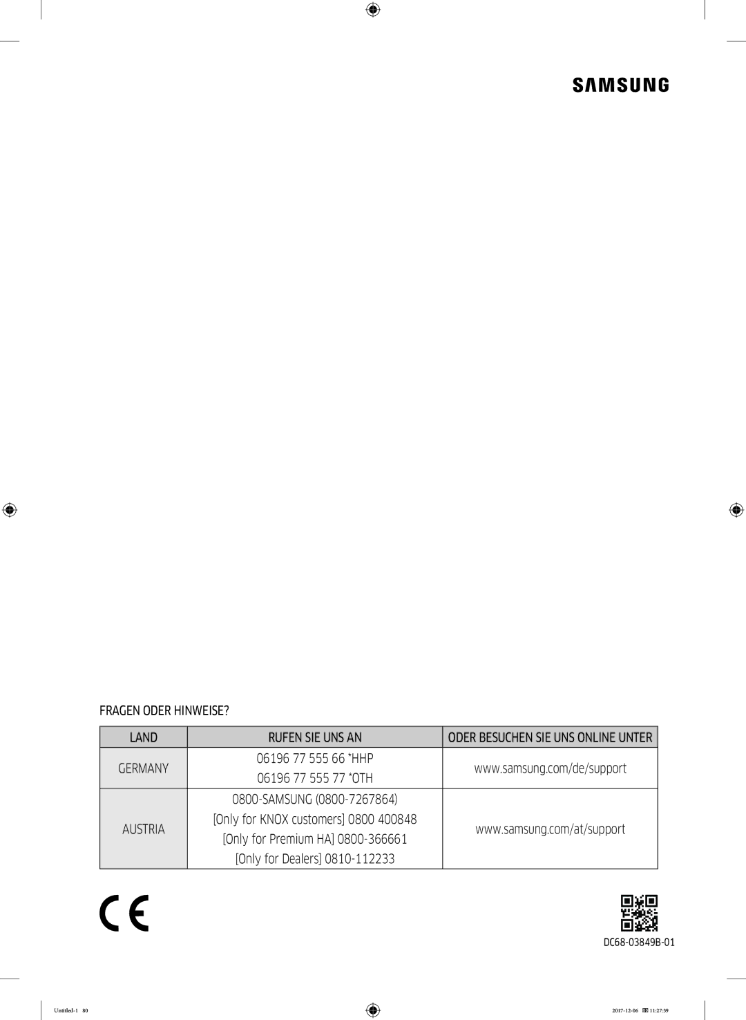 Samsung WW10M86BQOA/EG manual 06196 77 555, Only for Knox customers 0800 