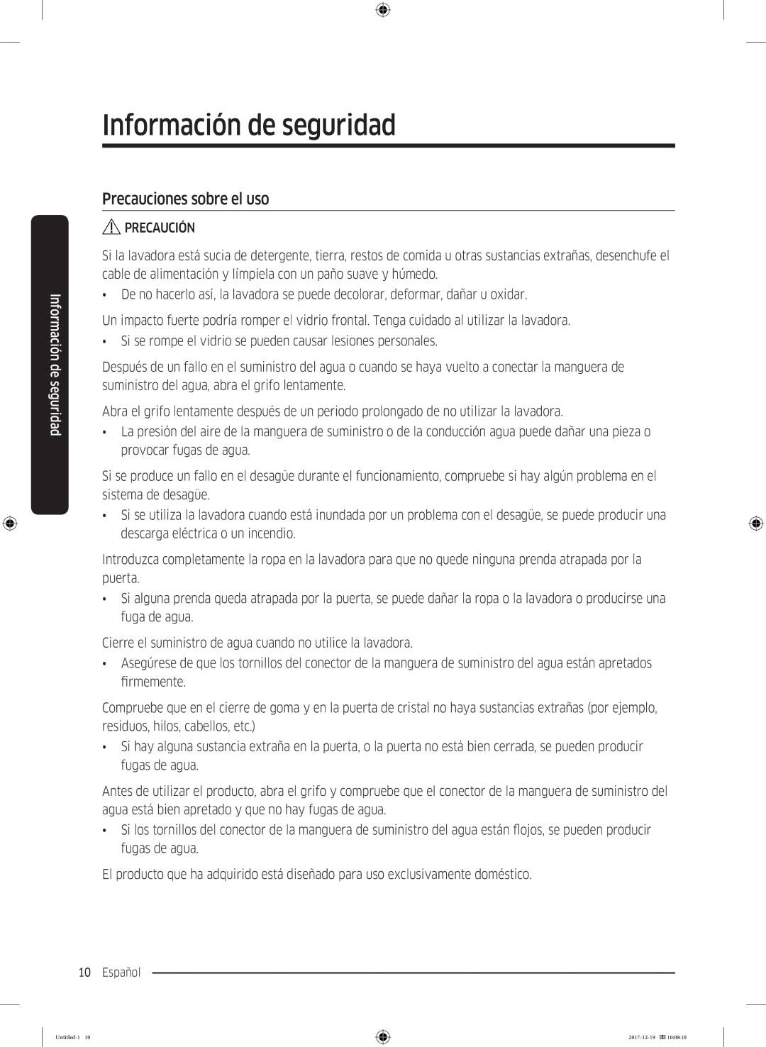 Samsung WW10M86GNOA/EC manual Precauciones sobre el uso 