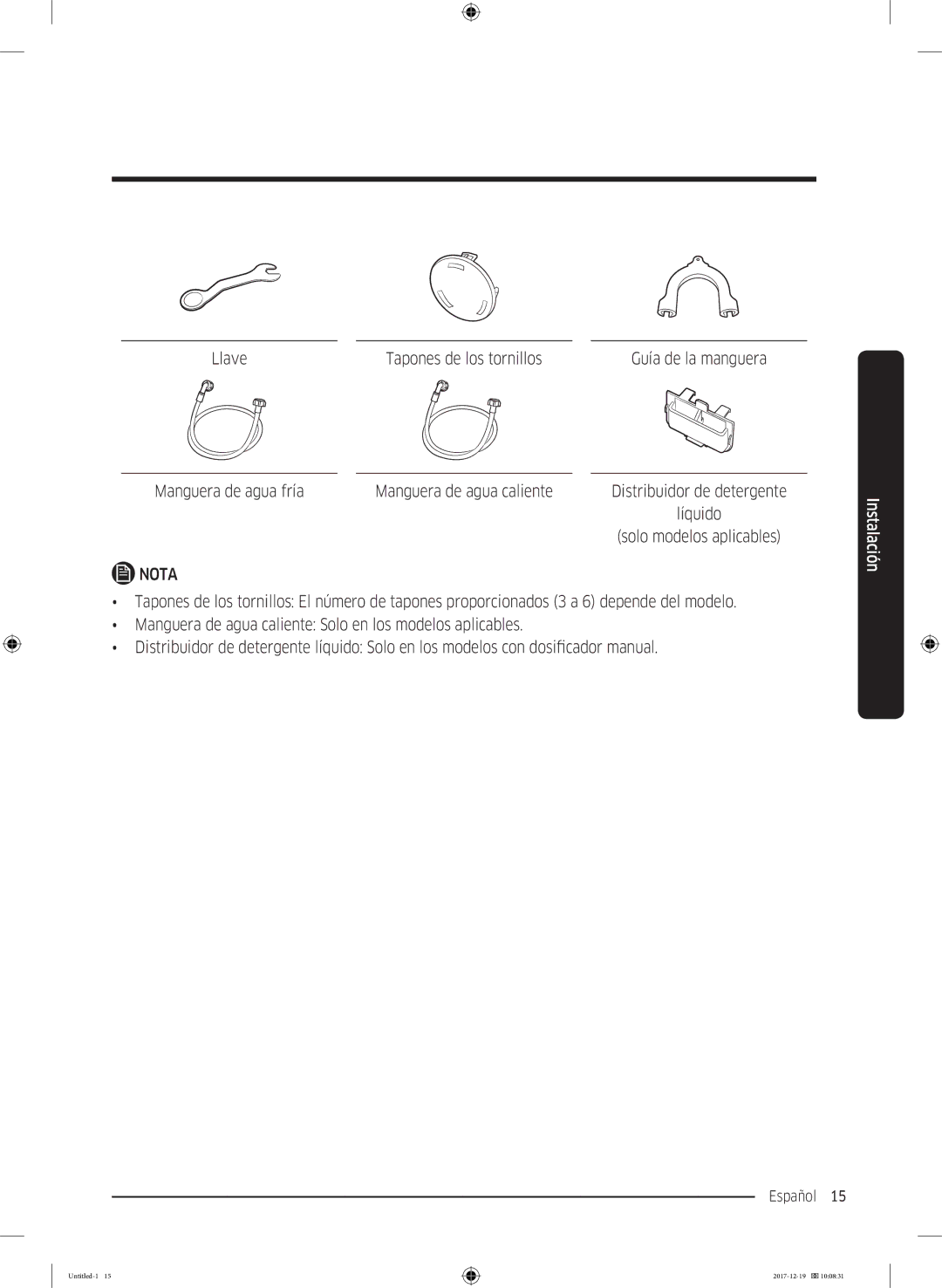 Samsung WW10M86GNOA/EC manual Llave Tapones de los tornillos 