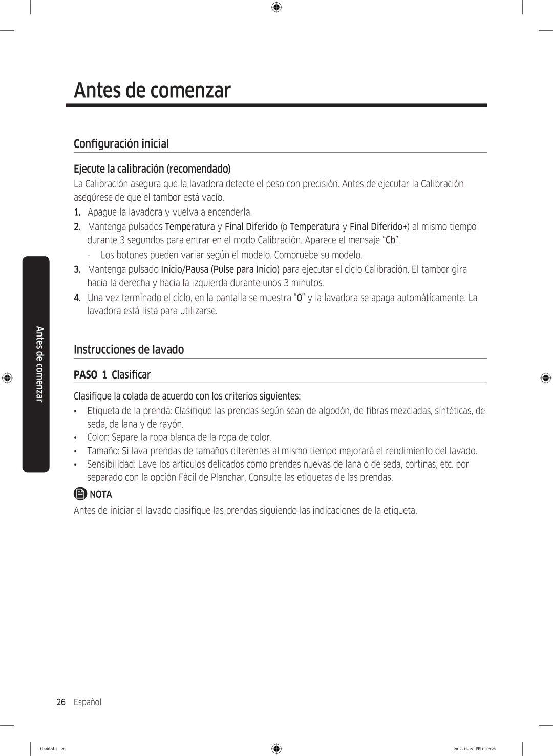 Samsung WW10M86GNOA/EC manual Antes de comenzar, Configuración inicial, Instrucciones de lavado, Paso 1 Clasificar 