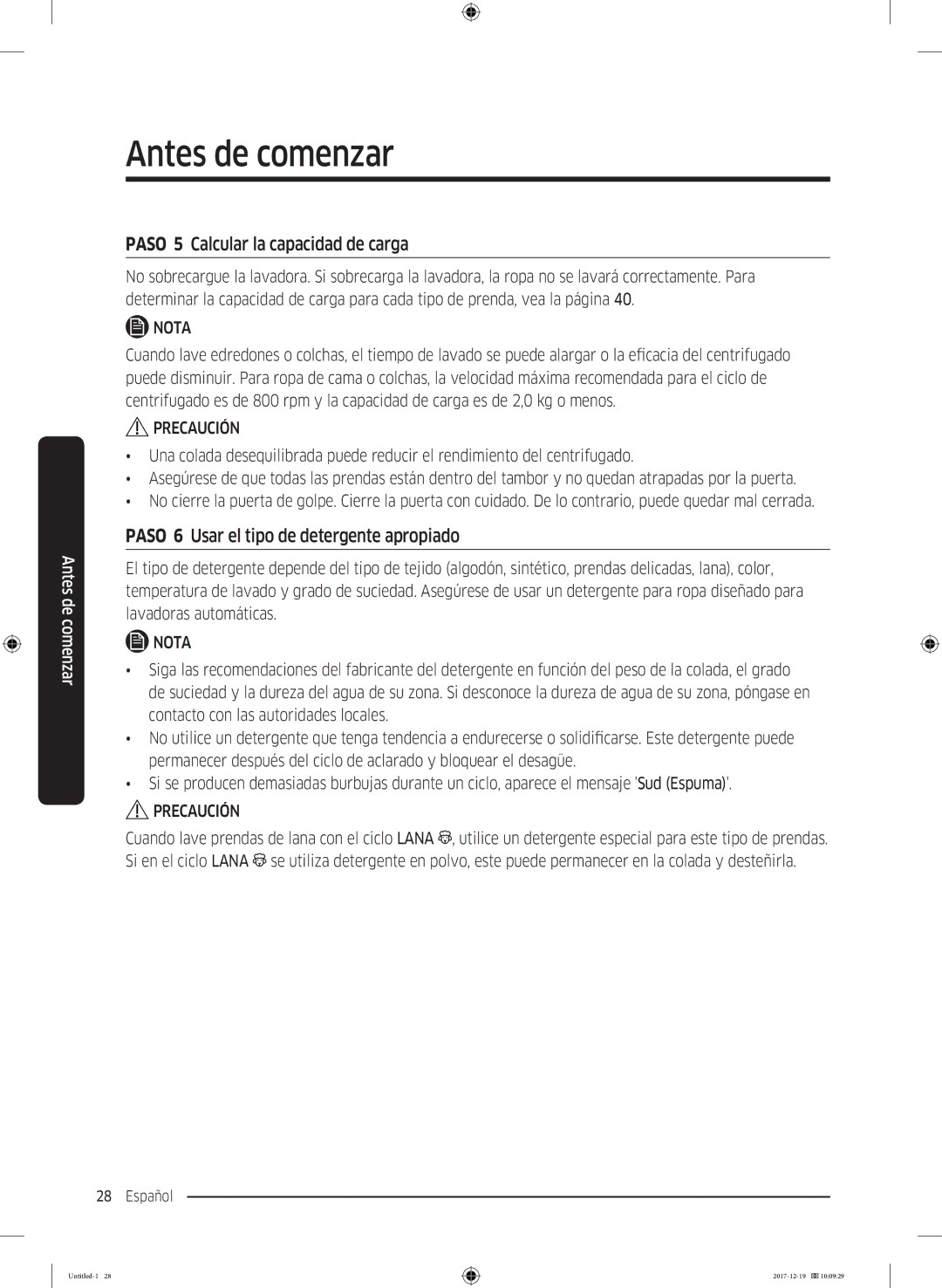 Samsung WW10M86GNOA/EC manual Paso 5 Calcular la capacidad de carga, Paso 6 Usar el tipo de detergente apropiado 