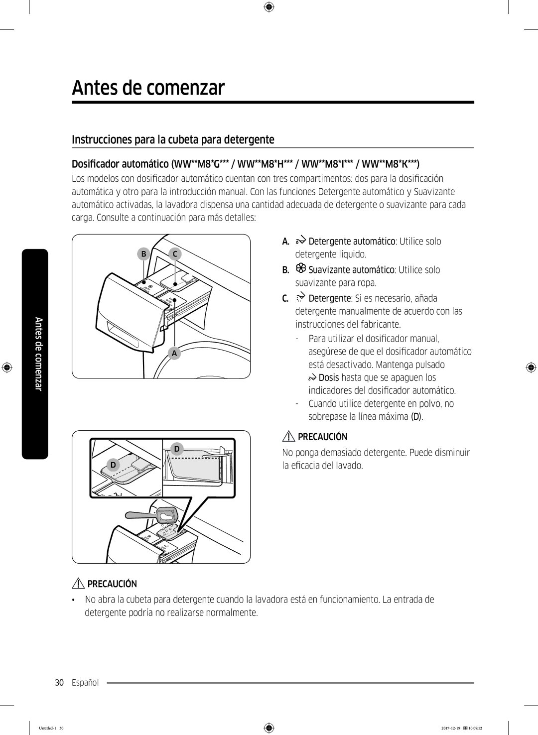 Samsung WW10M86GNOA/EC manual Instrucciones para la cubeta para detergente 