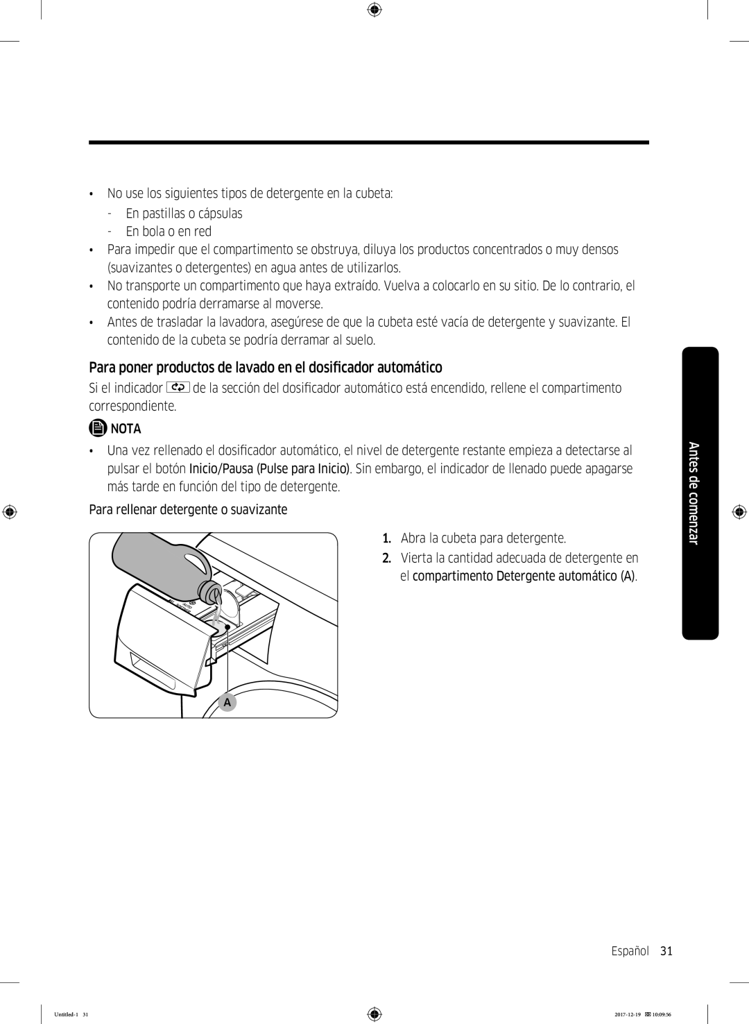 Samsung WW10M86GNOA/EC manual Para poner productos de lavado en el dosificador automático 