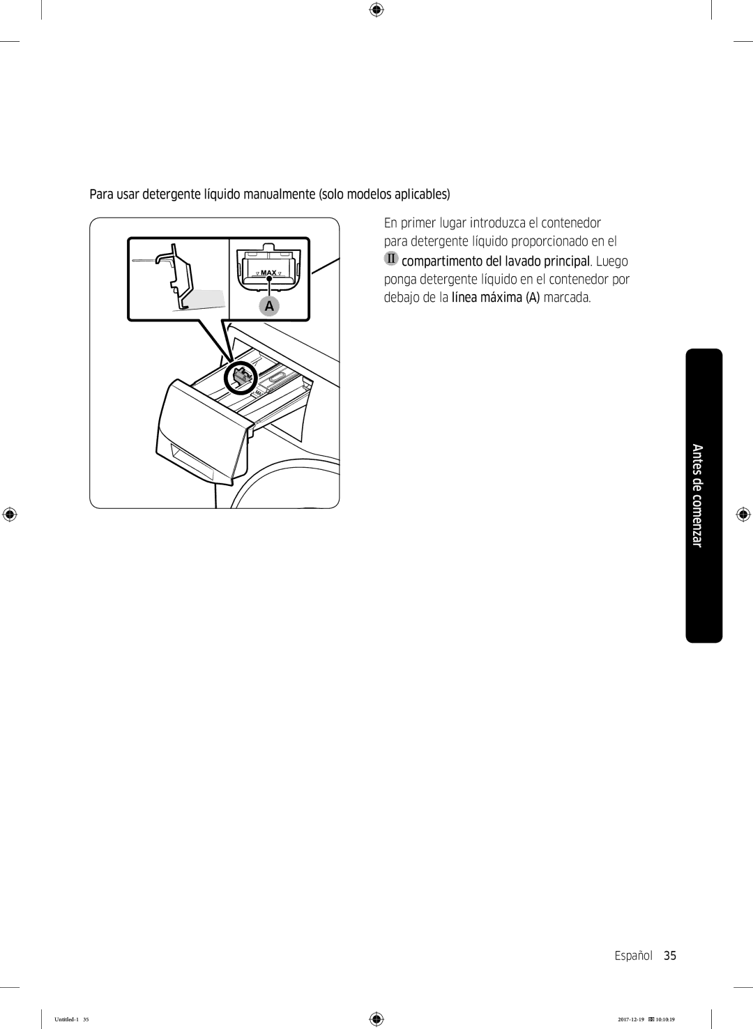 Samsung WW10M86GNOA/EC manual Debajo de la línea máxima a marcada 