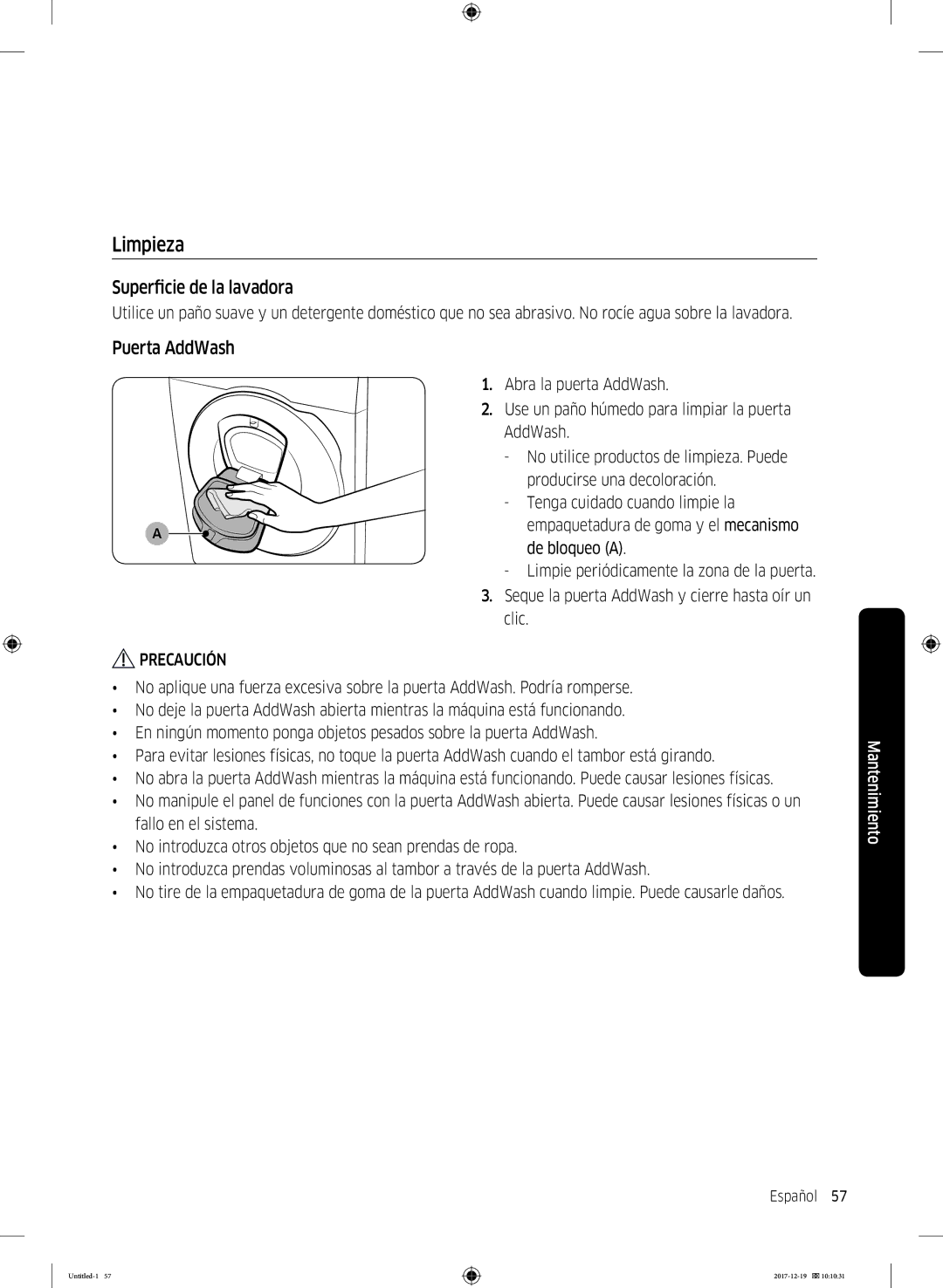 Samsung WW10M86GNOA/EC manual Limpieza, Superficie de la lavadora, Puerta AddWash 