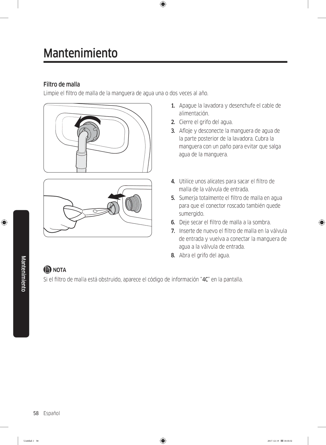 Samsung WW10M86GNOA/EC manual Filtro de malla 